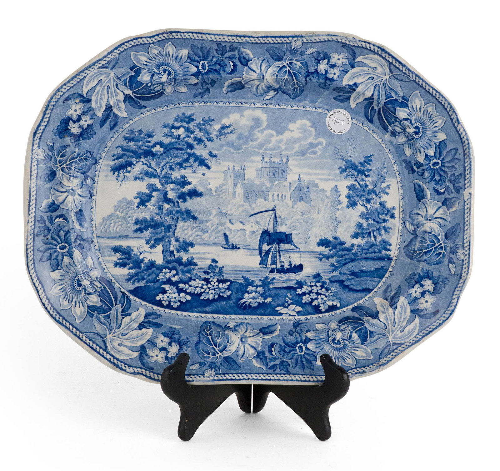 Staffordshire Blue Transfer-Printed Platter of "Rippon, Yorkshire": Staffordshire Blue Transfer-Printed Platter of "Rippon, Yorkshire" Maker unknown, Circa 1830. Printed title banner in underglaze-blue Provenance: Casco Bay Auctions, Freeport, ME, Feb 6, 2022, lot 445