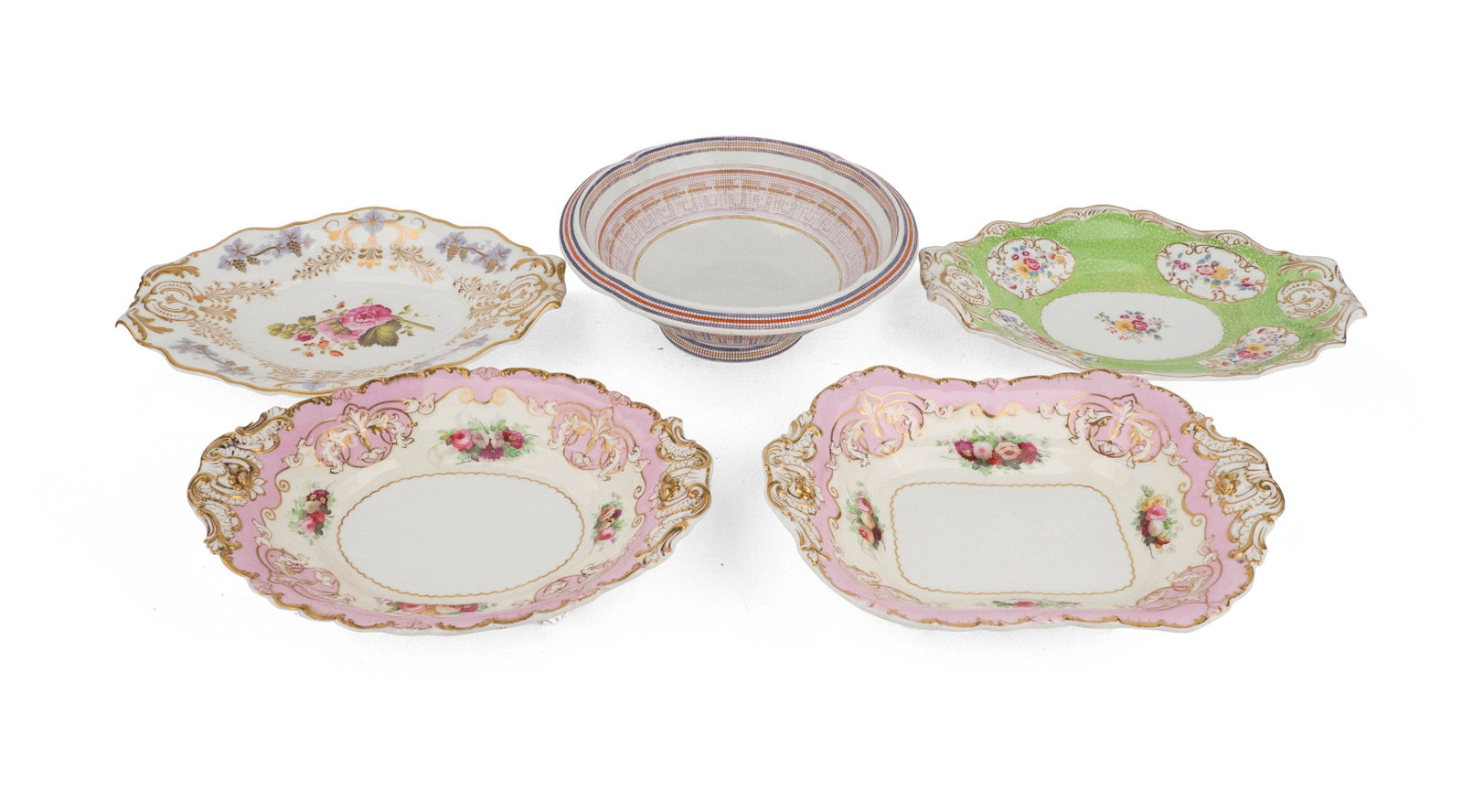 Five Copeland and Garrett Serving Bowls: Five Copeland and Garrett Serving Bowls Comprising, two pink and gold footed bowls, a green apple oval bowl, a gilt and floral decorated oval bowl, and a geometric pattern circular bowl. Surface