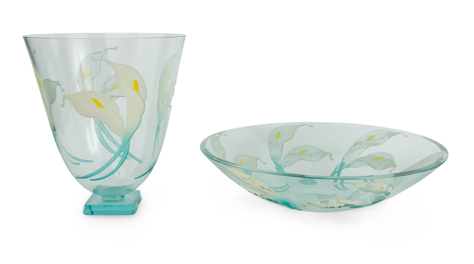 Calle Lily Decorated Glass Vase and Bowl: Calle Lily Decorated Glass Vase and Bowl Both signed illegibly. Losses to paint Provenance: Barry S. Slosberg, 3/18/2025, lots 90 and 98 12 1/2 x 11 in. (31.8 x 27.9 cm.), and 4 1/2 x 17 1/2 in.