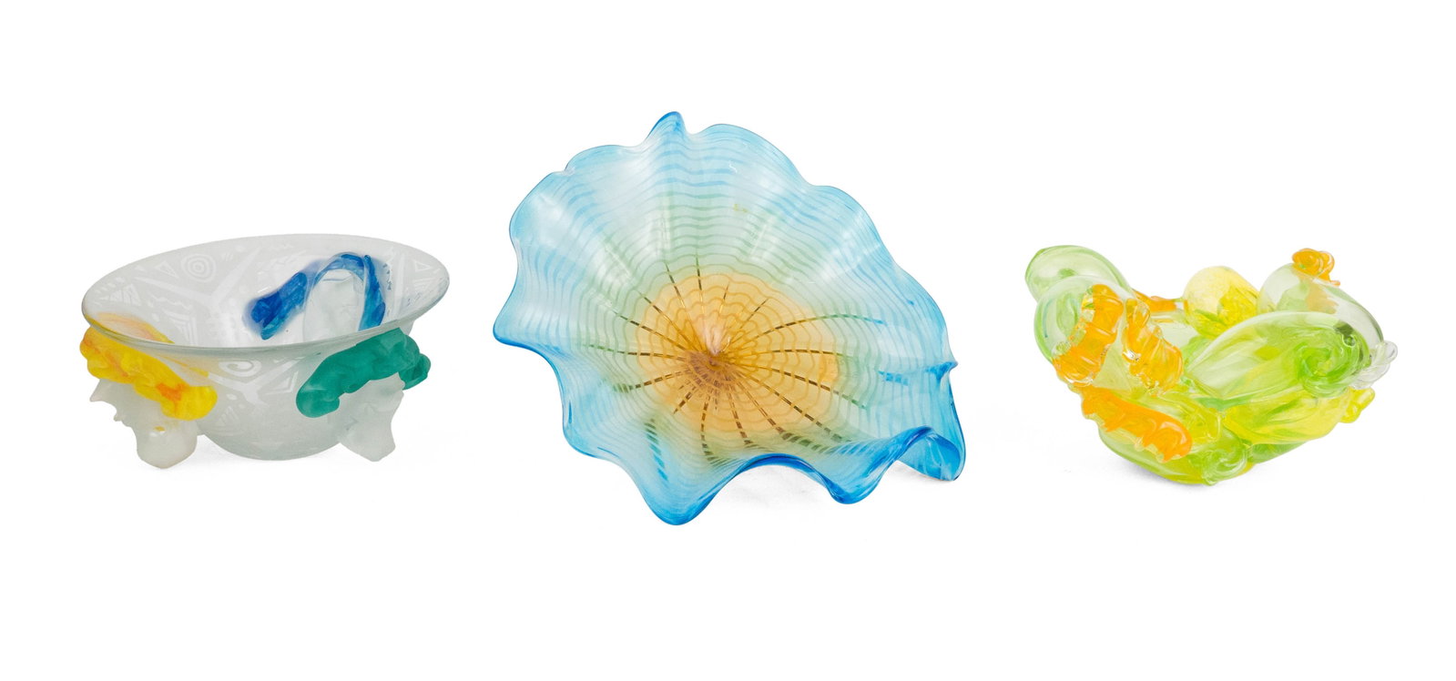 Two Art Glass Bowls: Two Art Glass Bowls Comprising, a Raabe Signed Bowl on base, '96, frosted to clear geometric pattern bowl with three applied frosted glass masks having green, yellow or blue applied flowing hair (5 x 