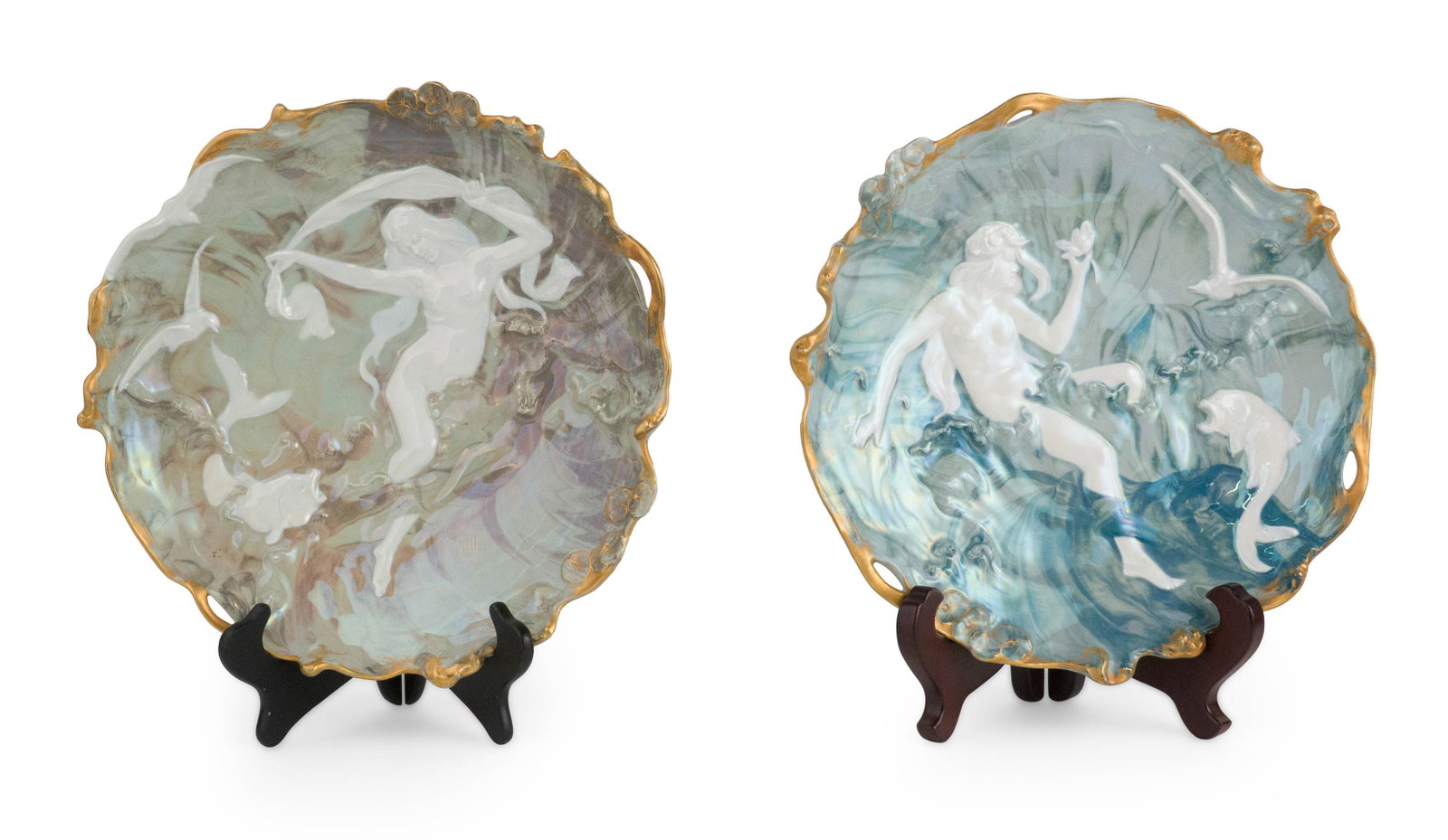 Two Kronach Max Hiller Porcelain Plates: Two Kronach Max Hiller Porcelain Plates Decorated with sea nymphs, both signed on the plates. 2 1/2 x 13 3/4 in. (6.4 x 34.9 cm.)