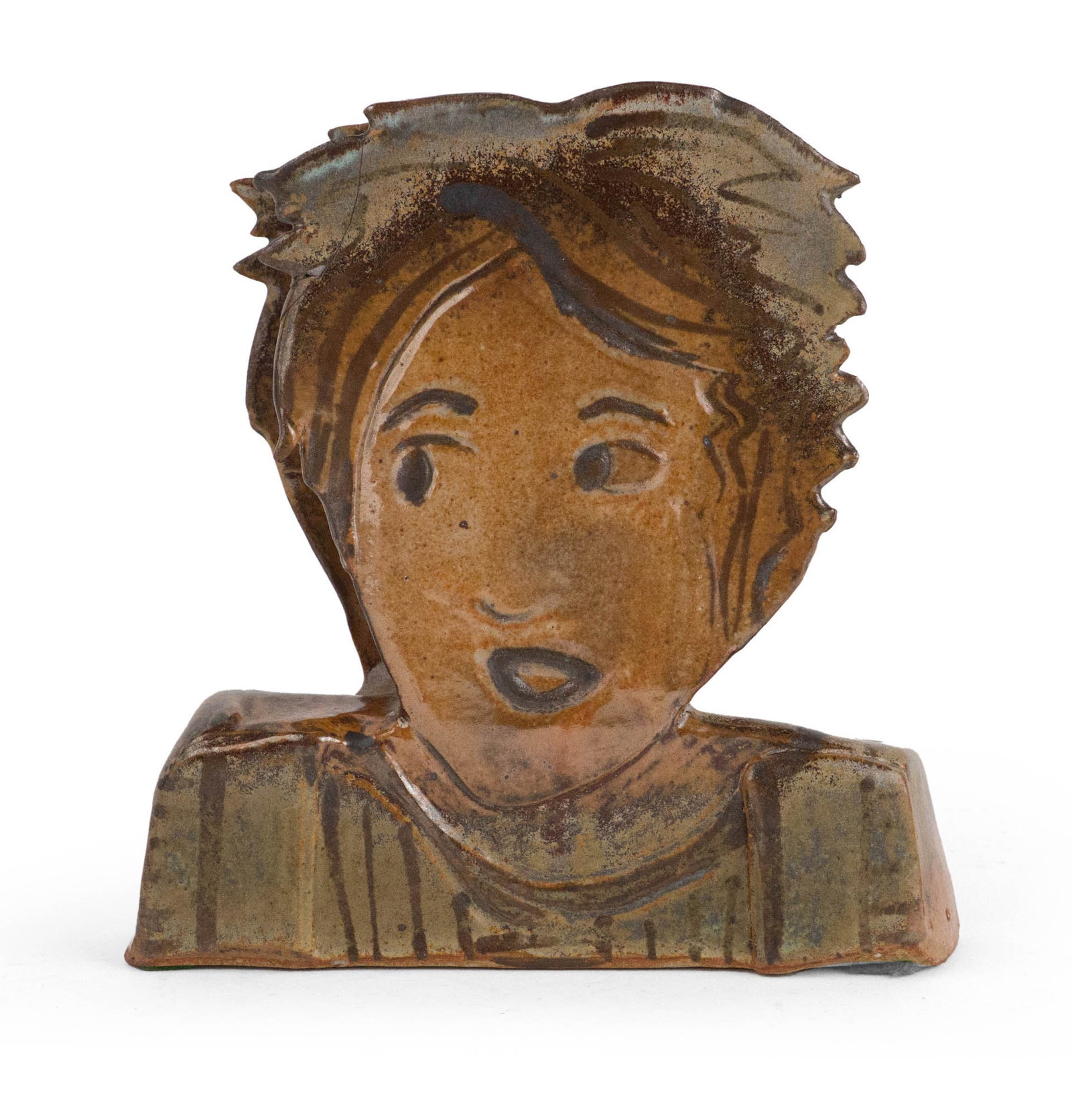 Figural Art Pottery Vase: Figural Art Pottery Vase Depicting the face of a boy, signed verso. 9 1/4 x 9 1/4 x 3 in. (23.5 x 23.5 x 7.6 cm.)