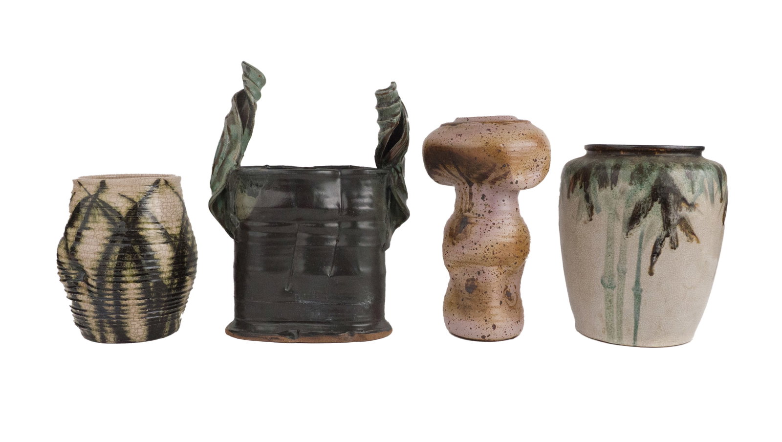 Four Art Pottery Table Articles: Four Art Pottery Table Articles Some signed. Largest: 14 1/4 x 11 x 4 3/4 in. (36.2 x 27.9 x 12.1 cm.)