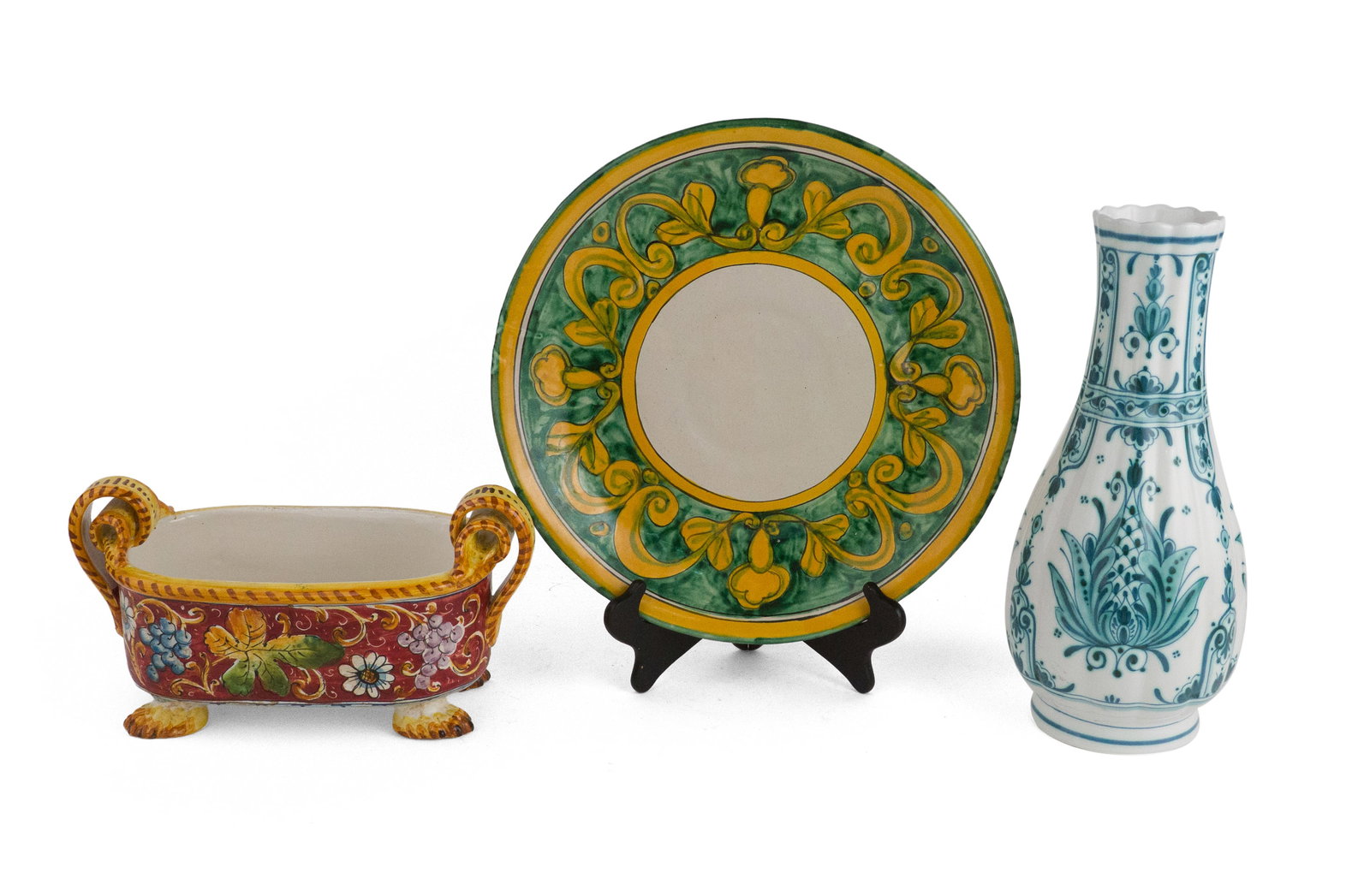 Delft Blue and White Porcelain Vase: Delft Blue and White Porcelain Vase Together with a majolica glazed charger and a majolica glazed footed bowl, signed C.A. Positano. 3 pieces Vase: 14 x 6 1/2 in. (35.6 x 16.5 cm.)