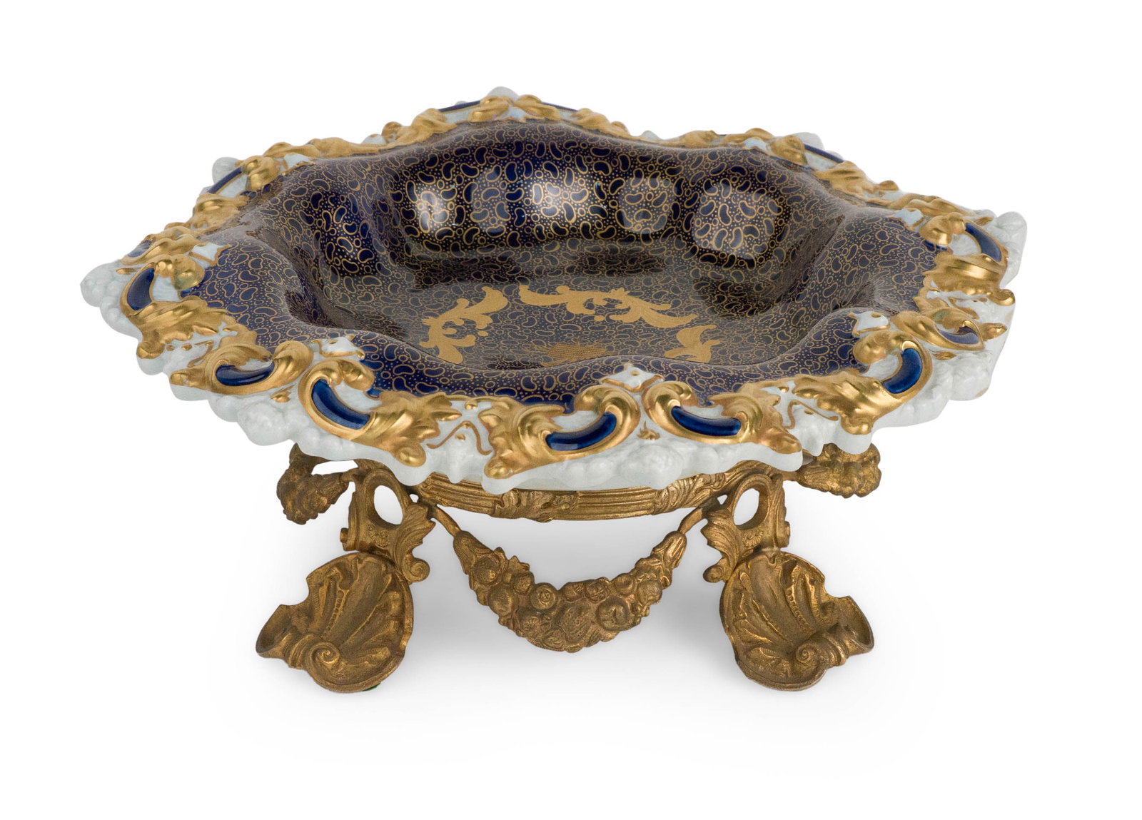 Continental Cobalt Blue and Gold Center Bowl: Continental Cobalt Blue and Gold Center Bowl With a Sevres style mark at the bottom. 5 x 14 1/2 in. (12.7 x 36.8 cm.)