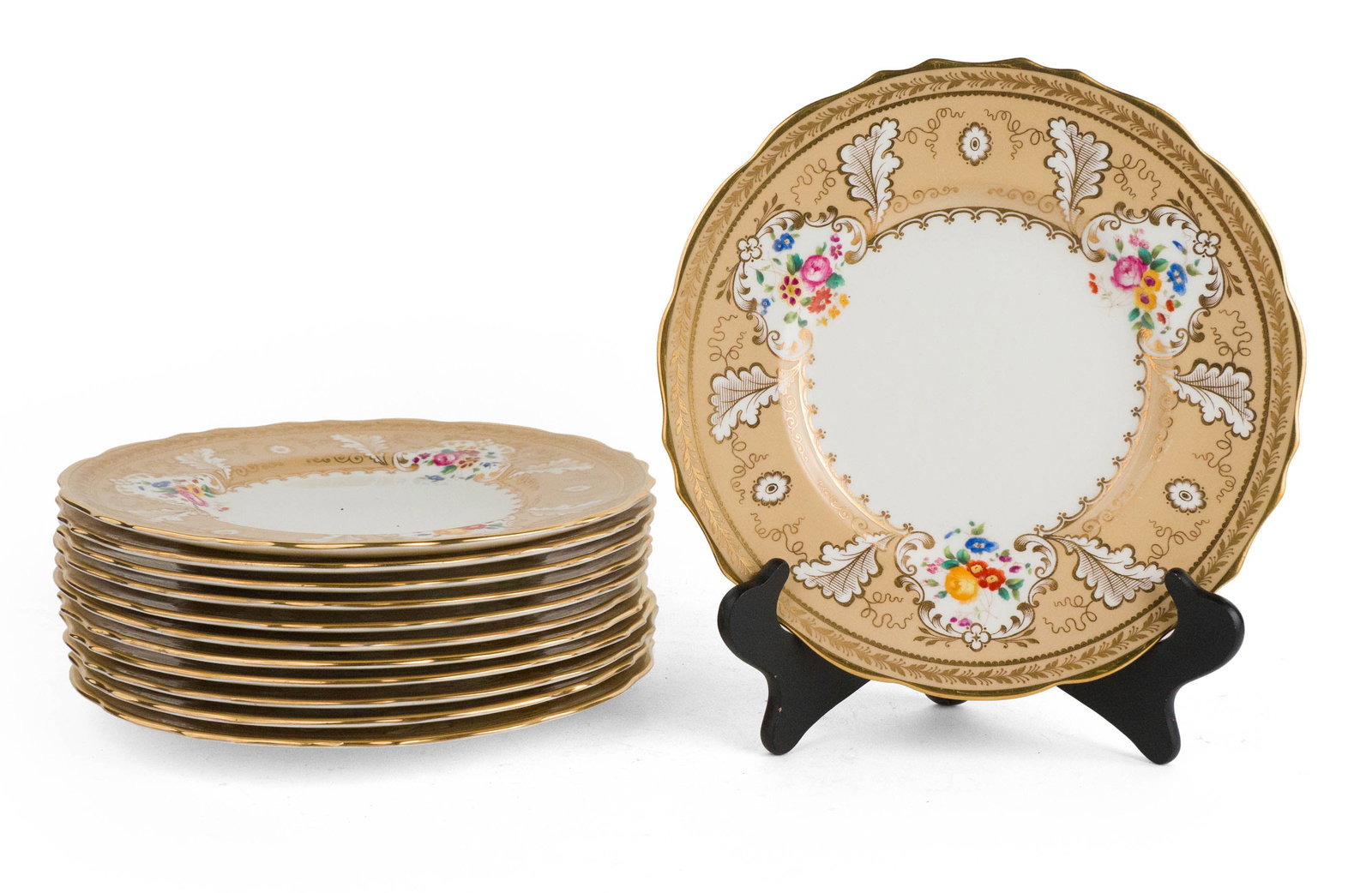 Twelve Cauldon for Tiffany Floral and Gilt Dinner Plates: Twelve Cauldon for Tiffany Floral and Gilt Dinner Plates Marked underside. 10 3/4 in. (27.3 cm.)
