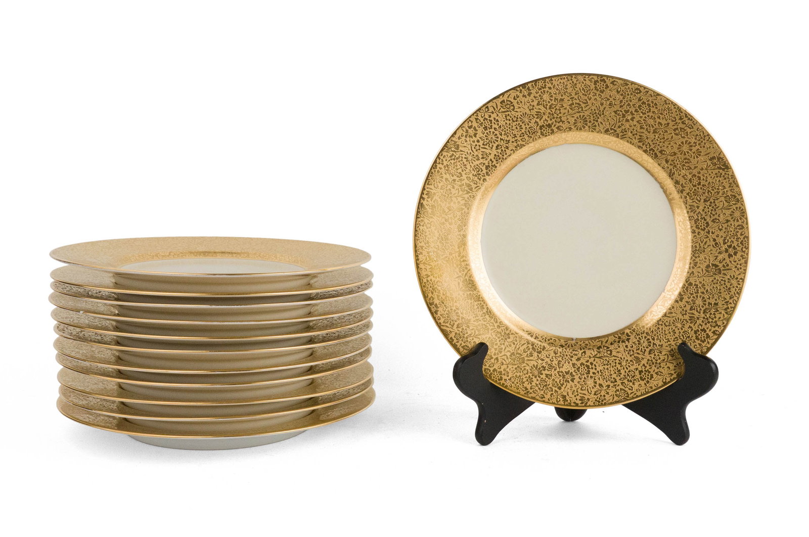 Twelve Hutschenreuther Gilt-Embossed Service Plates: Twelve Hutschenreuther Gilt-Embossed Service Plates Marked underside. Some chips. 10 7/8 in. (27.6 cm.)