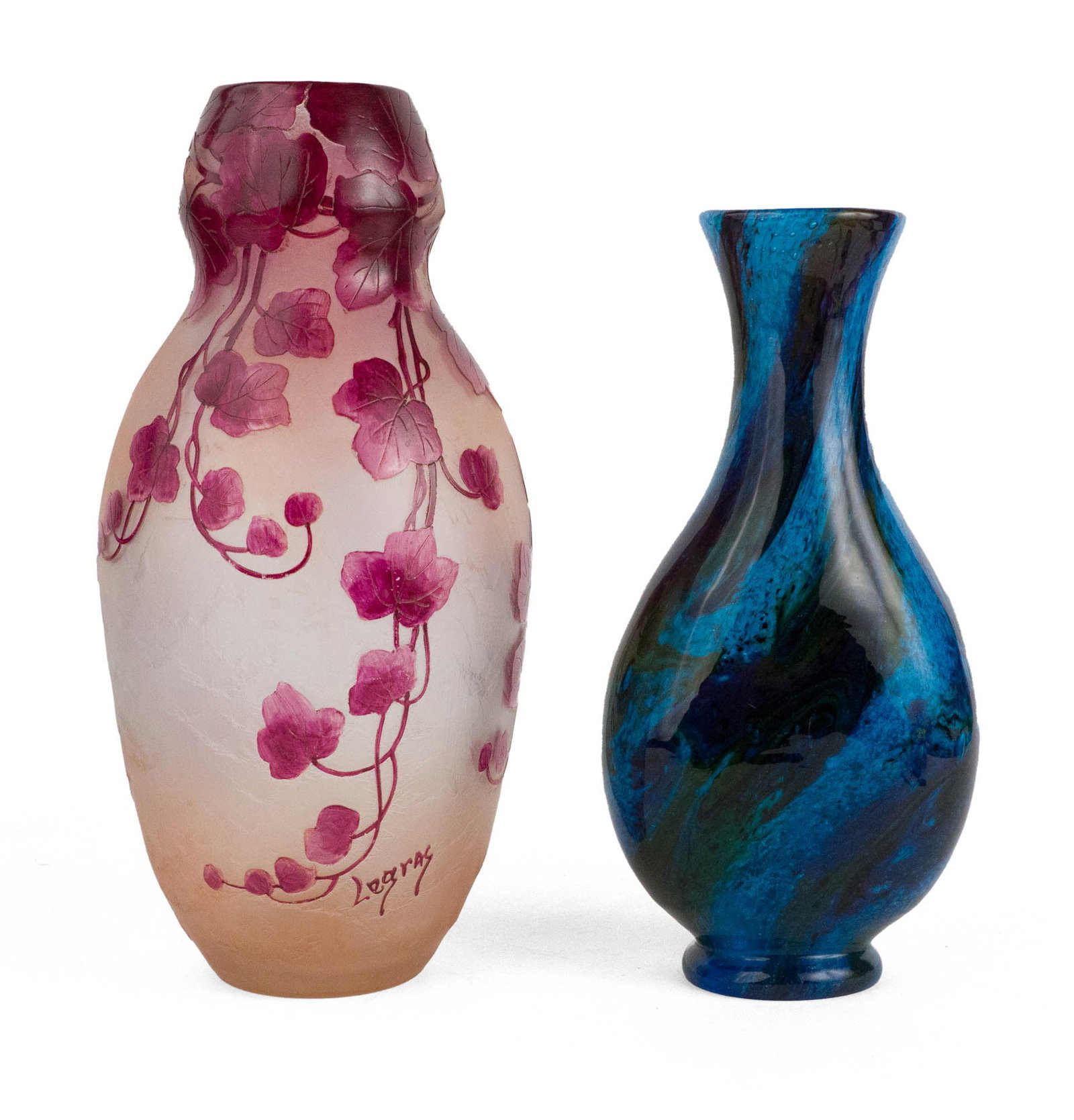 Legras Rubis Cameo Glass Vase: Legras Rubis Cameo Glass Vase Together with a blue art glass vase. 2 pieces 12 x 6 x 3 1/2 in. (30.5 x 15.2 x 8.9 cm.), and 13 3/4 x 6 1/2 in. (34.9 x 16.5 cm.)
