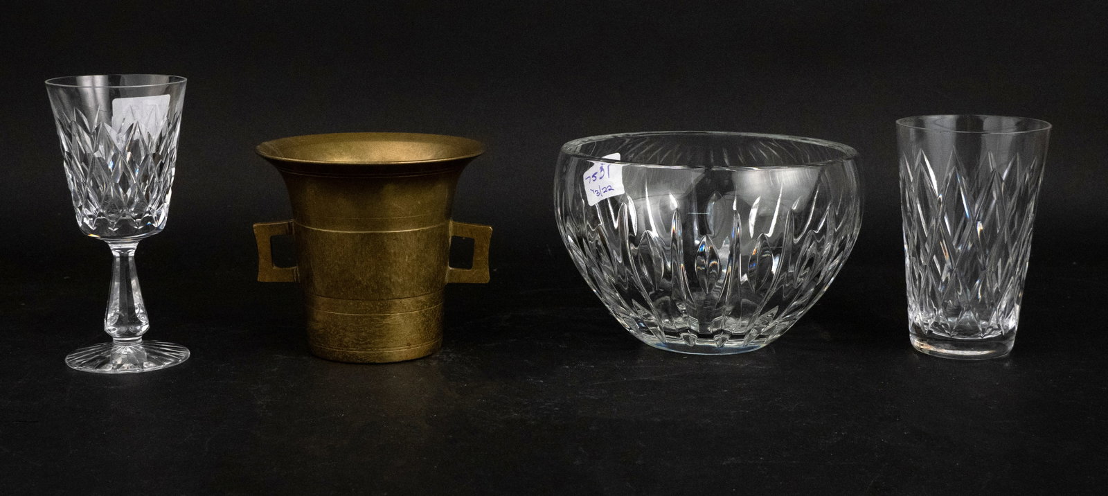 Eight Waterford "Kinsdale" Pattern Claret Glasses: Eight Waterford "Kinsdale" Pattern Claret Glasses 6"h. Together with twelve cut glass water glasses in an unmarked similar pattern, 5"h, a Marquis by Waterford bowl, 4"h x 6"dia., and a brass mortar.