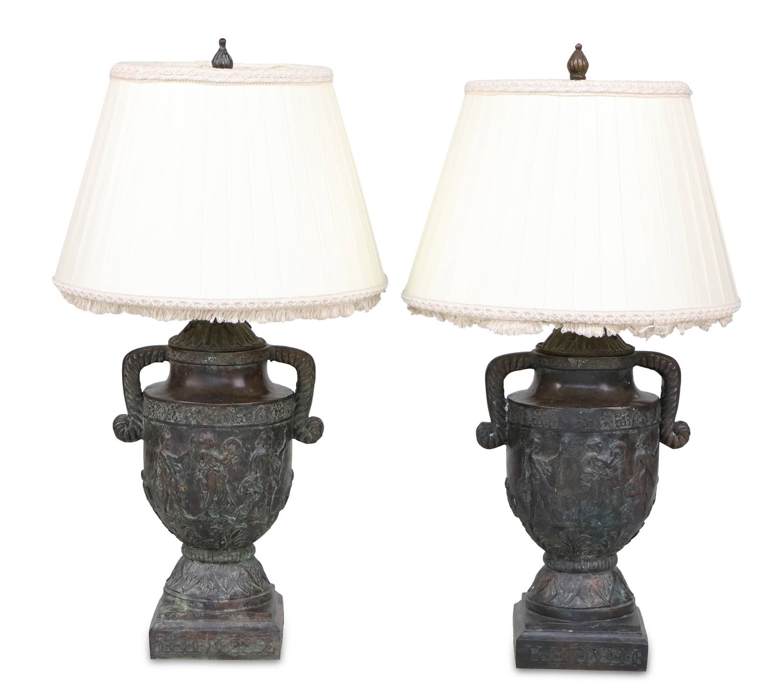 Pair of Neoclassical Style Bronze Covered Urn-Form Table Lamps: Pair of Neoclassical Style Bronze Covered Urn-Form Table Lamps 20th C. with double handles and classical figures. 36 x 13 1/2 x 9 in. (91.4 x 34.3 x 22.9 cm.)