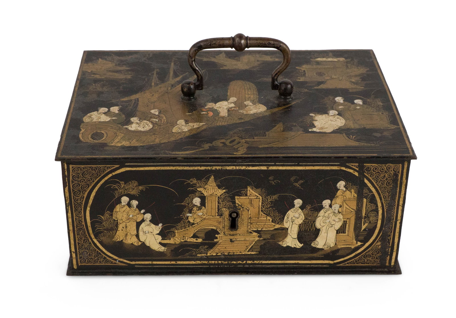 Chinoiserie Decorated Metal Strong Box: Chinoiserie Decorated Metal Strong Box Lacking key, locked. 4 x 10 x 7 1/2 in. (10.2 x 25.4 x 19.1 cm.)