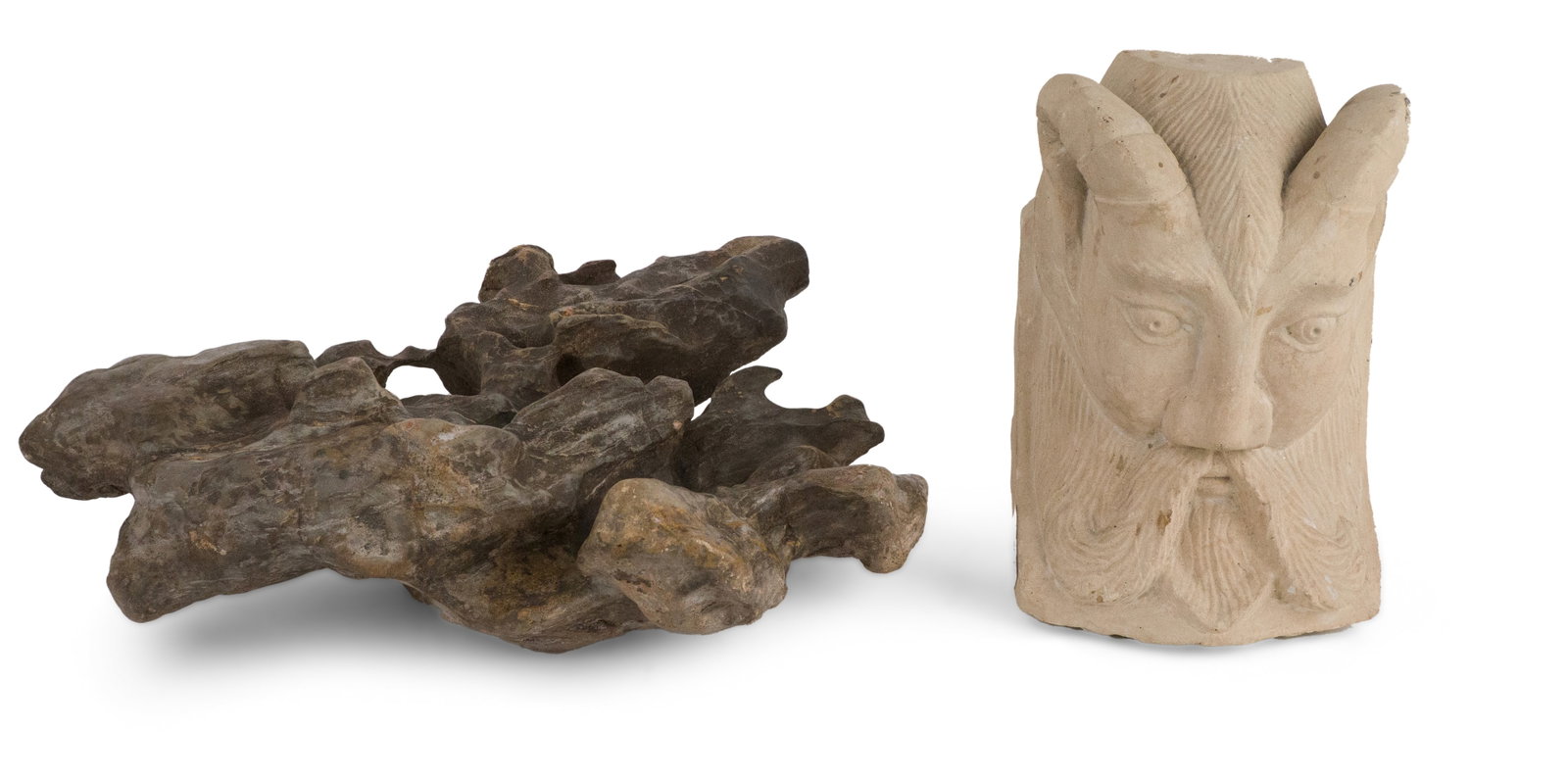 Carved Stone Satyr Corbel: Carved Stone Satyr Corbel Together with a amorphous rock. 10 x 7 x 4 1/2 in. (25.4 x 17.8 x 11.4 cm.), and 17 x 15 x 5 in. (43.2 x 38.1 x 12.7 cm.)
