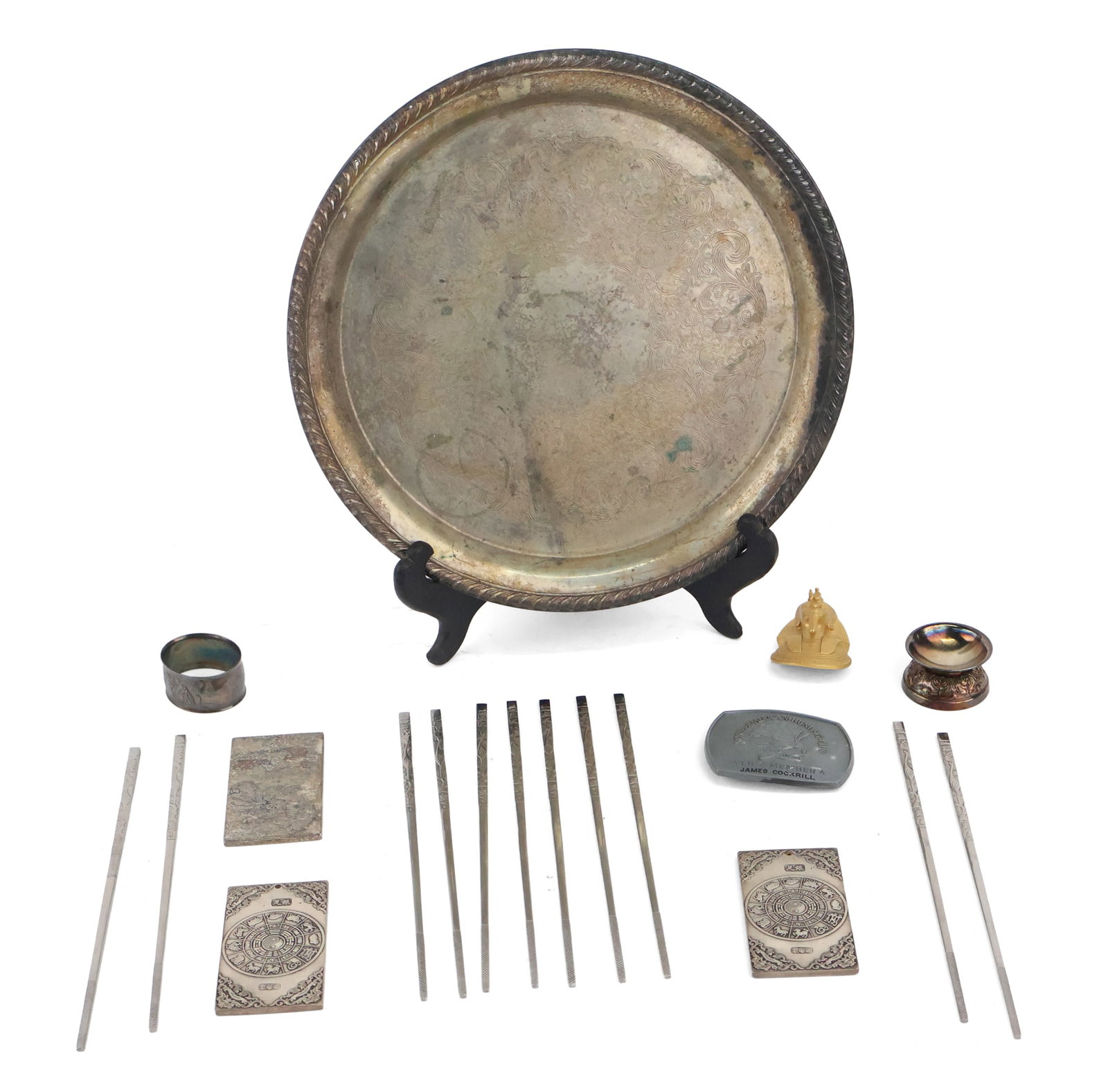Silver Plated Tray: Silver Plated Tray Together with three embosses Chinese white metal plaques, a Western Hunting club medal, a set of white metal chopsticks, a pair of cased cups, and a gilt metal Pharaoh ornament