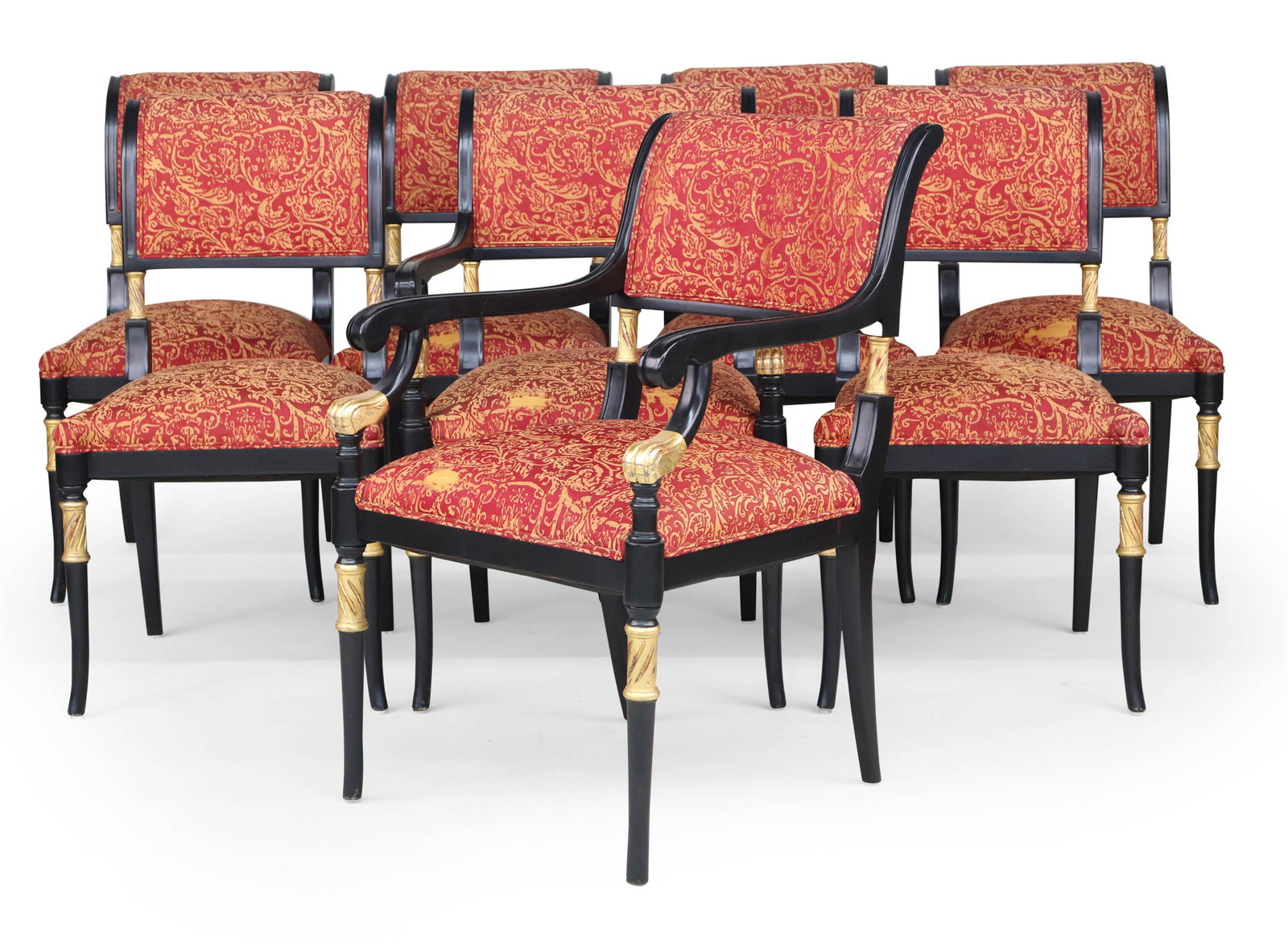 Eight Neoclassical Style Parcel-Gilt and Ebonized Dining Chairs: Eight Neoclassical Style Parcel-Gilt and Ebonized Dining Chairs With red and gold upholstery. Arm: 35 1/2 x 22 1/2 x 26 in. (90.2 x 57.2 x 66 cm.)