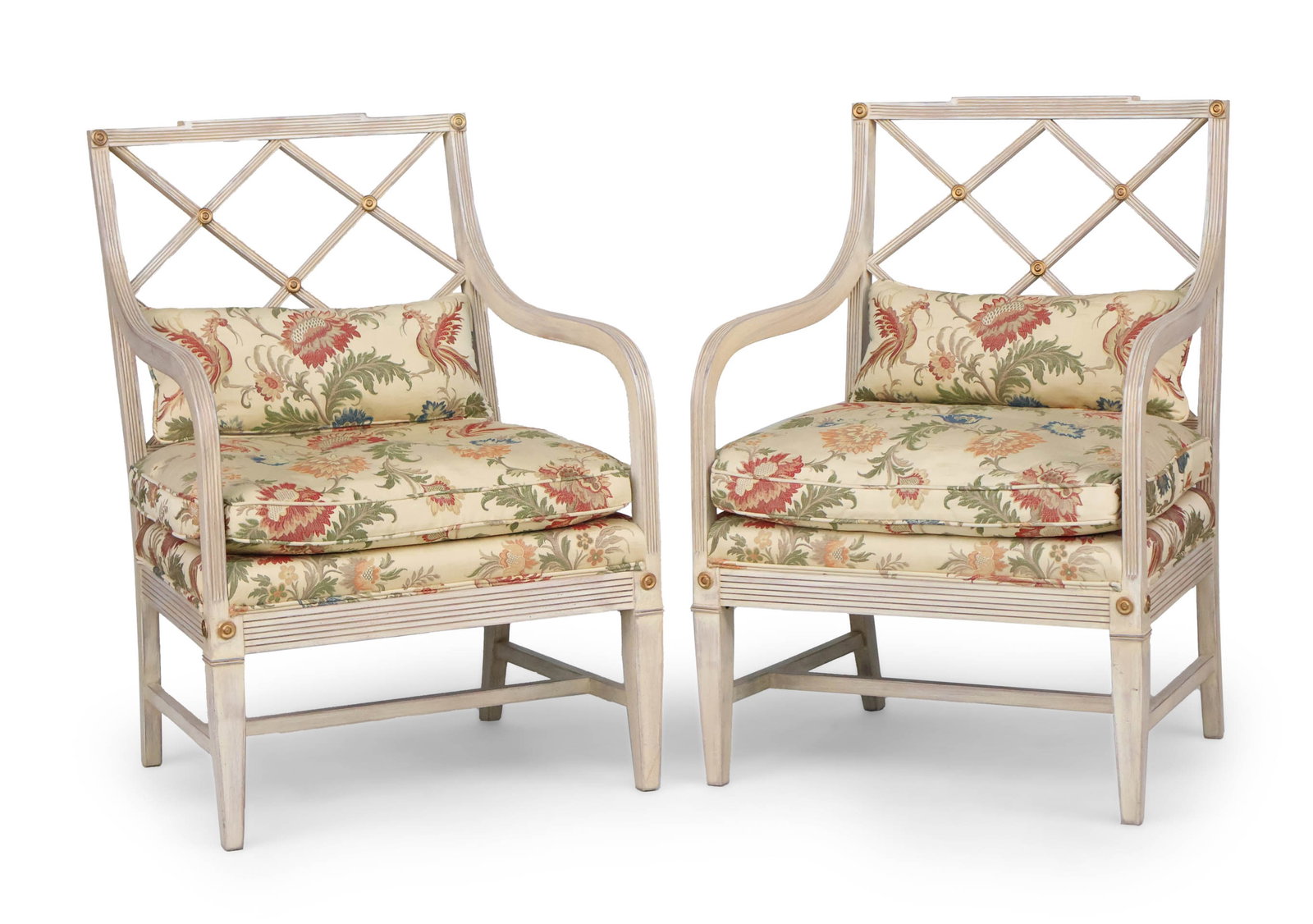 Pair of Neoclassical Style White Painted Armchairs: Pair of Neoclassical Style White Painted Armchairs With floral upholstery. 37 1/2 x 26 x 20 1/4 in. (95.3 x 66 x 51.4 cm.)