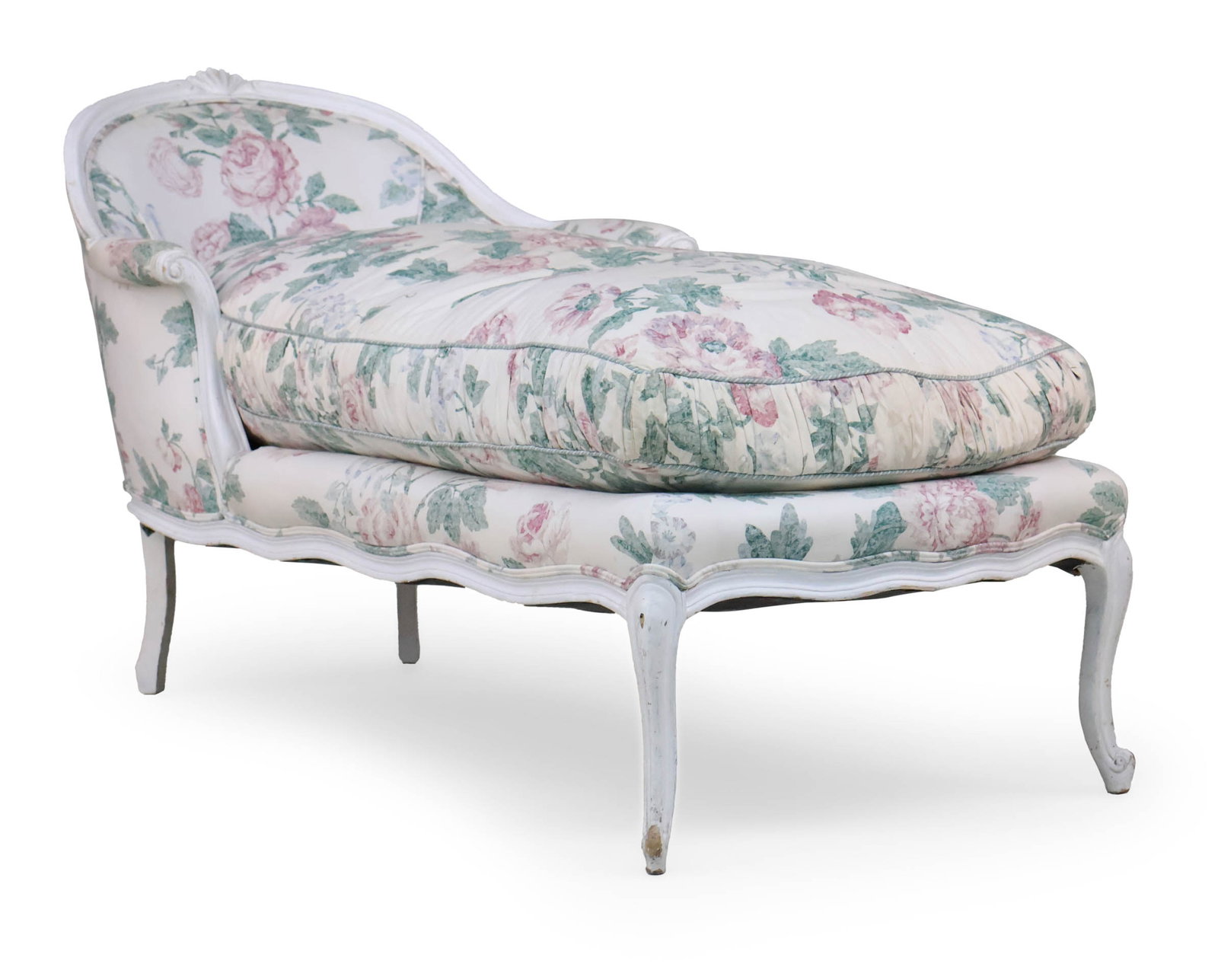 Neoclassical Style White Painted Chaise Lounge: Neoclassical Style White Painted Chaise Lounge 20th C. with floral upholstery. 32 x 30 1/2 x 60 in. (81.3 x 77.5 x 152.4 cm.)