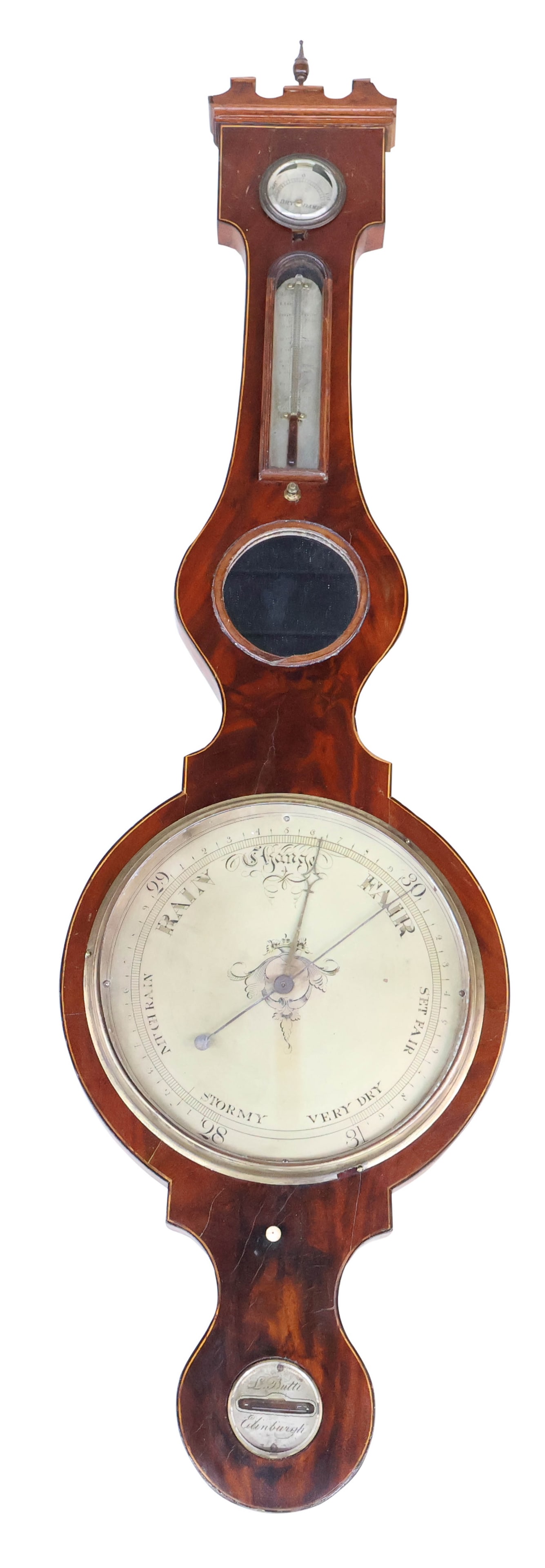 Regency Mahogany Banjo Barometer: Regency Mahogany Banjo Barometer Dial marked "L. Butti, Edinburgh". 43 1/4 x 12 1/4 in. (109.9 x 31.1 cm.)