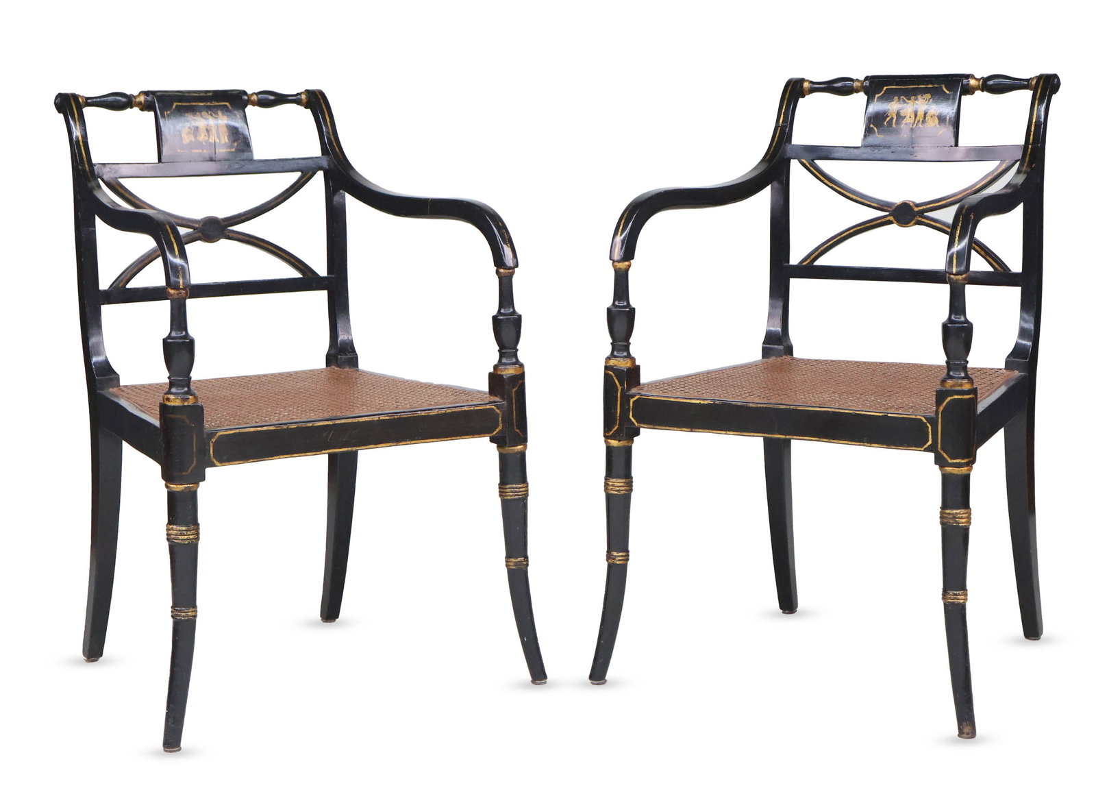Pair of Regency Black-Painted Parcel-Gilt Armchairs, English (1 of 11)