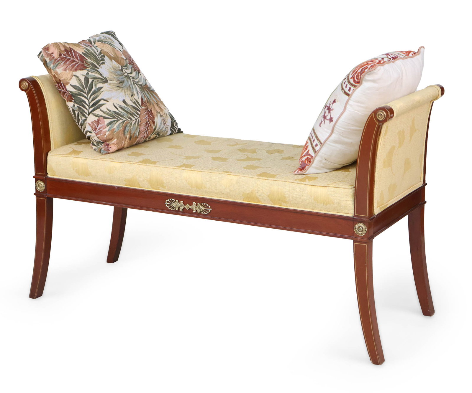 Neoclassical Style Brass Mounted Window Seat: Neoclassical Style Brass Mounted Window Seat 20th C. with yellow upholstery. 26 1/2 x 17 x 44 in. (67.3 x 43.2 x 111.8 cm.)