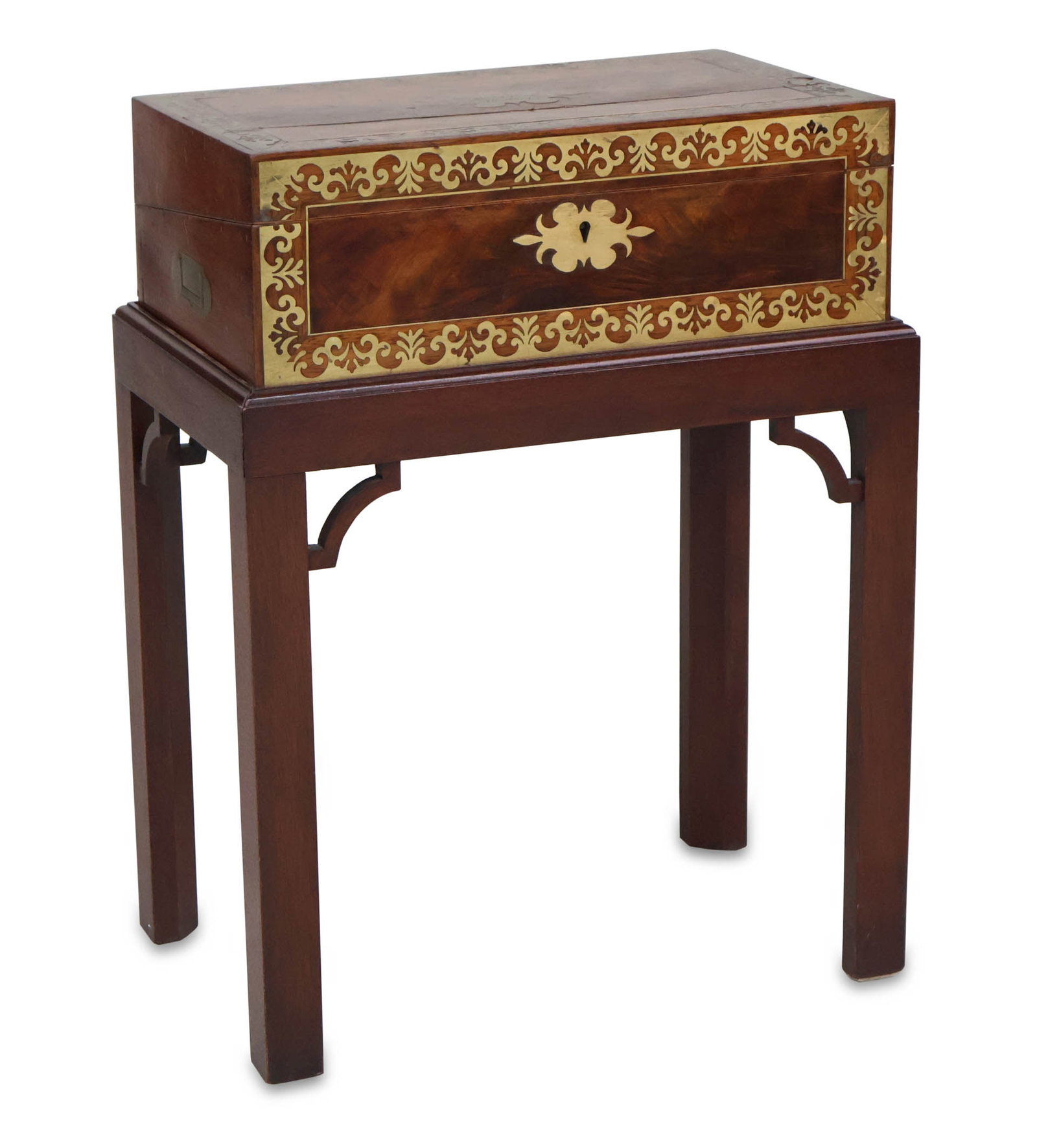 Regency Brass-Inlaid Mahogany Lapdesk on Stand: Regency Brass-Inlaid Mahogany Lapdesk on Stand English, 19th C. engraved "Rev'd I. Preece Westbury". Crack to top. 22 1/4 x 17 x 10 3/4 in. (56.5 x 43.2 x 27.3 cm.)