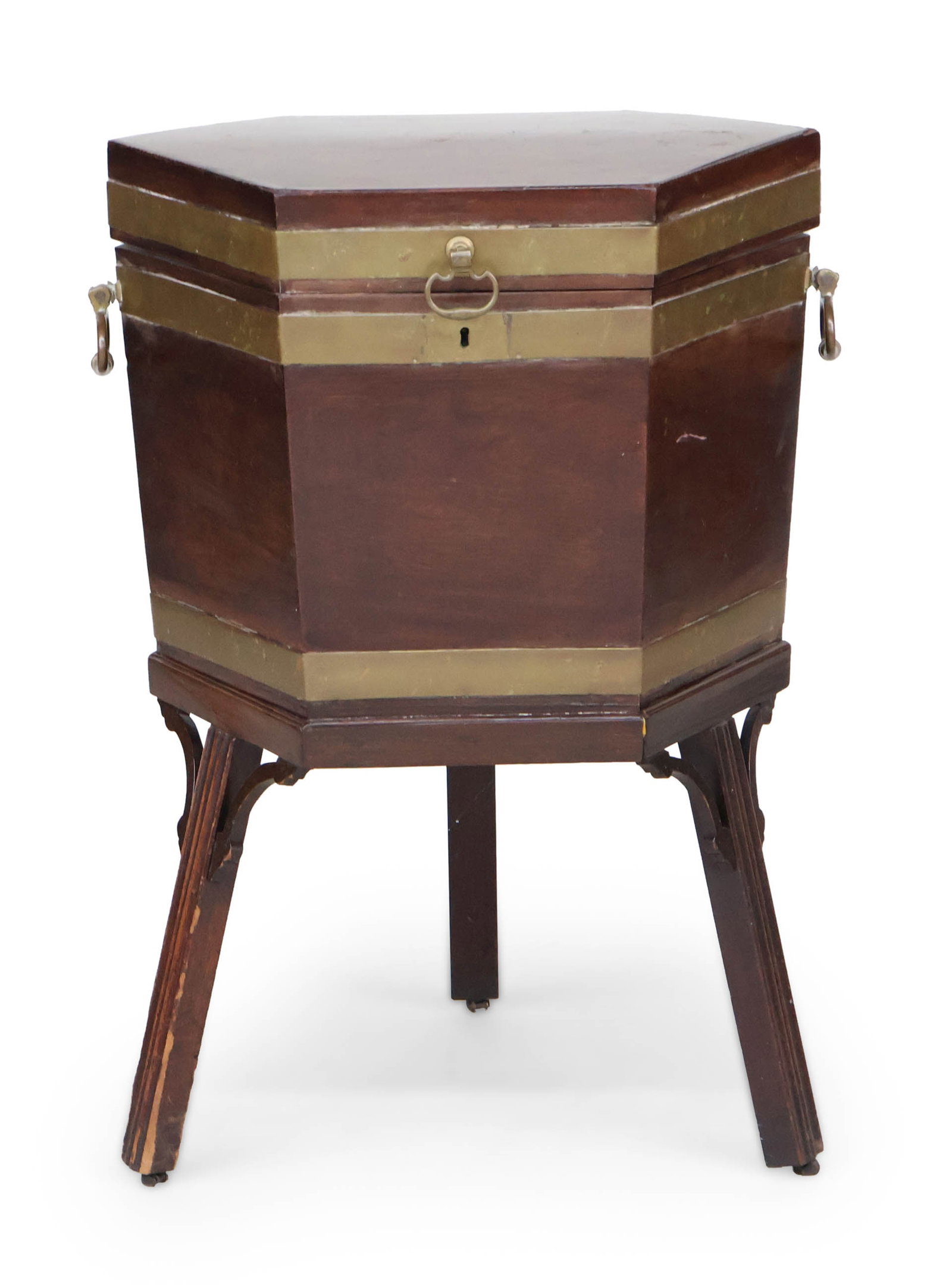 George III Brass-Banded Inlaid-Mahogany Hexagonal Cellarette: George III Brass-Banded Inlaid-Mahogany Hexagonal Cellarette English, late 18th C. Surface distress, scratches, and wear. 28 1/2 x 20 x 17 in. (72.4 x 50.8 x 43.2 cm.)