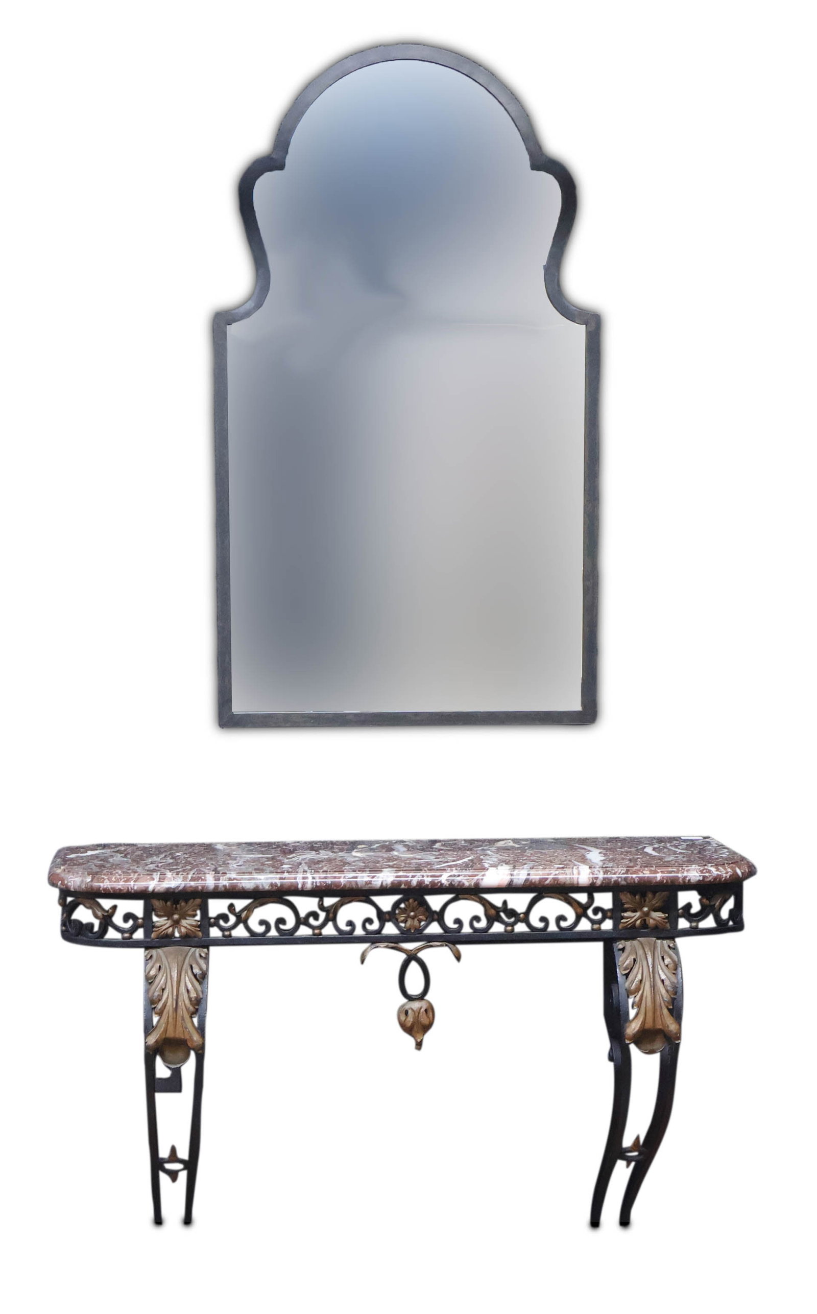 Rococo Style Parcel-Gilt and Marble Top Console Table and Mirror: Rococo Style Parcel-Gilt and Marble Top Console Table and Mirror European Taste, 20th C. Mirror: 48 x 27 1/2 in. (121.9 x 69.9 cm.), Table: 36 x 48 x 18 in. (91.4 x 121.9 x 45.7 cm.)