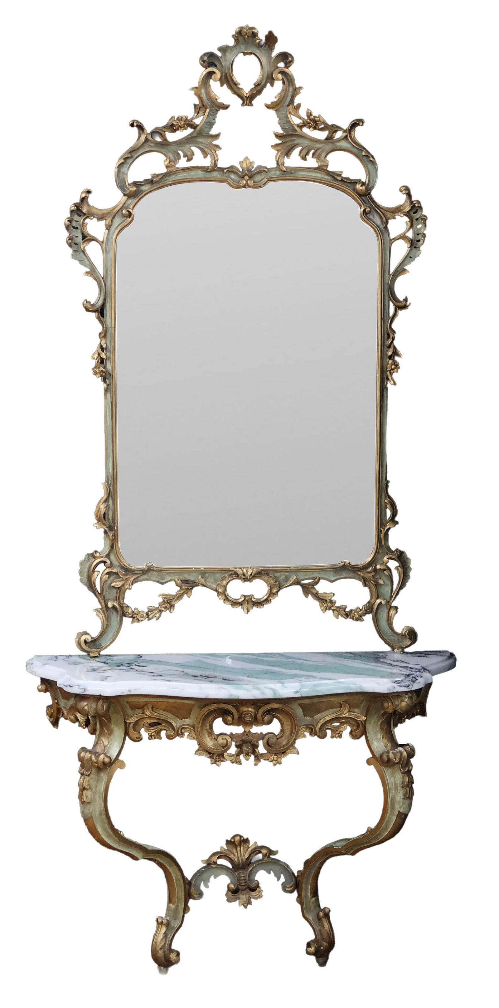 Louis XV Style Green and Gilt Pier Mirror and Marble Top Console Table (1 of 11)