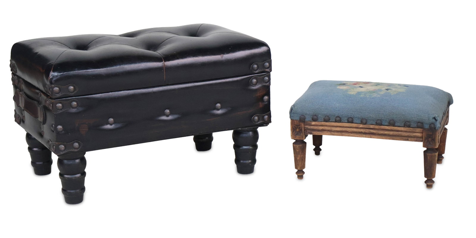 Contemporary Black Leather Footstool: Contemporary Black Leather Footstool Together with a Victorian style needlepoint upholstered footstool. Both stools in overall good condition. Leather stool features flip-up storage compartment.