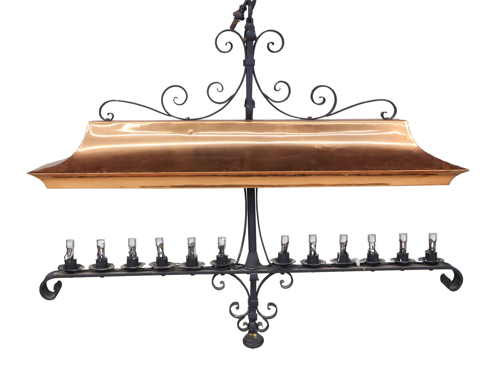 Copper and Wrought Iron Lighting Fixture: Copper and Wrought Iron Lighting Fixture 20th C. with twelve lights. Dents, wear, surface distress. 49 x 54 x 12 in. (124.5 x 137.2 x 30.5 cm.)