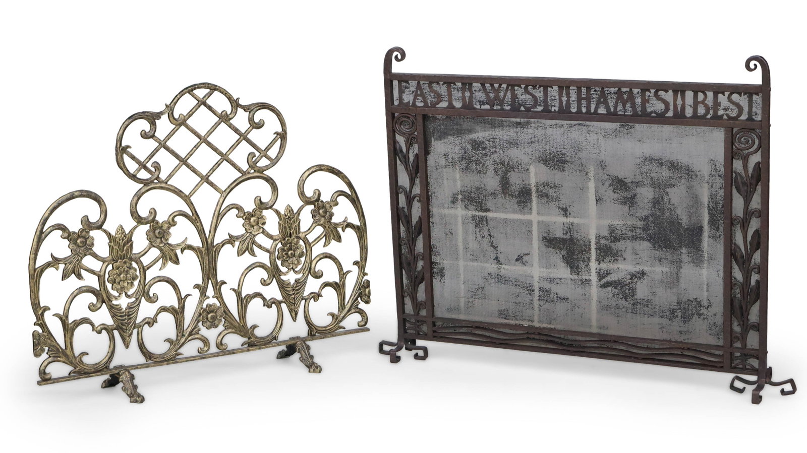 Two Mixed Media Firescreens: Two Mixed Media Firescreens 20th/21st C. One with repair to foot. 36 x 41 x 9 1/4 in. (91.4 x 104.1 x 23.5 cm.), and 36 1/2 x 49 1/4 x 6 1/2 in. (92.7 x 125.1 x 16.5 cm.)