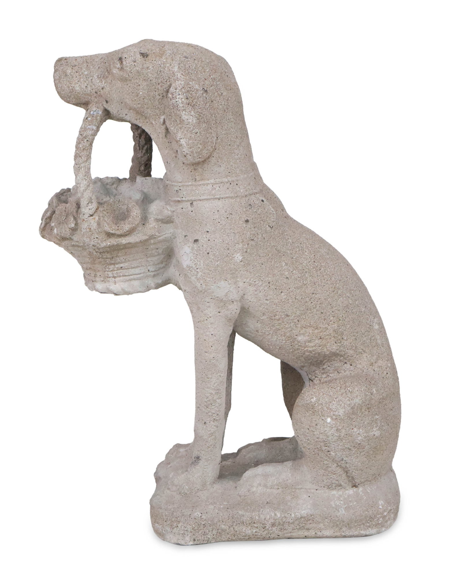 Cast Stone Dog with Flower Basket: Cast Stone Dog with Flower Basket 20th C. 22 1/2 x 9 x 17 in. (57.2 x 22.9 x 43.2 cm.)