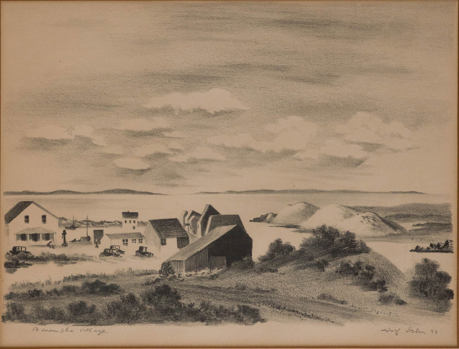 Adolf Arthur Dehn, 1895-1968, Menemsha Village, Lithograph: Adolf Arthur Dehn 1895-1968 Menemsha Village Lithograph Signed and dated with pencil l.r., printed by the artist with blank ink on cream. Menemsha Village is a working fishing neighborhood in