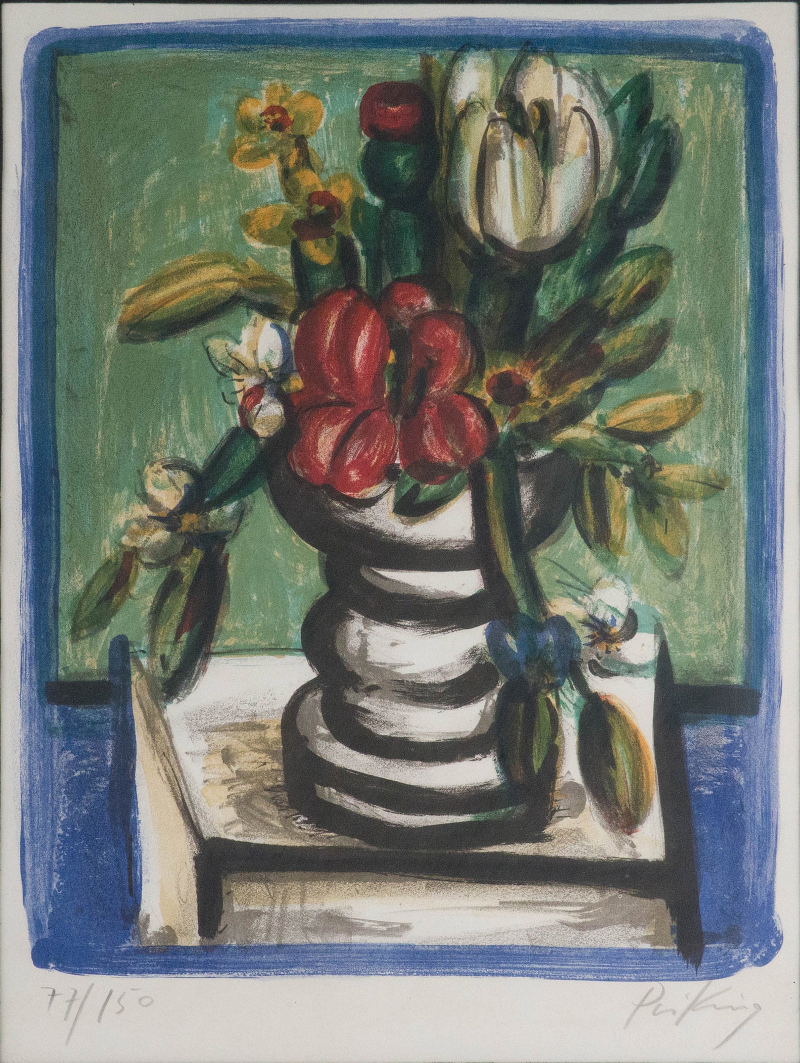 Franz Priking, French 1929-1979, Still-Life with Flowers, Lithograph: Franz Priking French, 1929-1979 Still-Life with Flowers Lithograph Signed in pencil l.r., numbered 77/150. Sight: 23 1/4 x 17 1/2 in. (59.1 x 44.5 cm.), Frame: 31 1/2 x 25 1/2 in. (80 x 64.8 cm.)