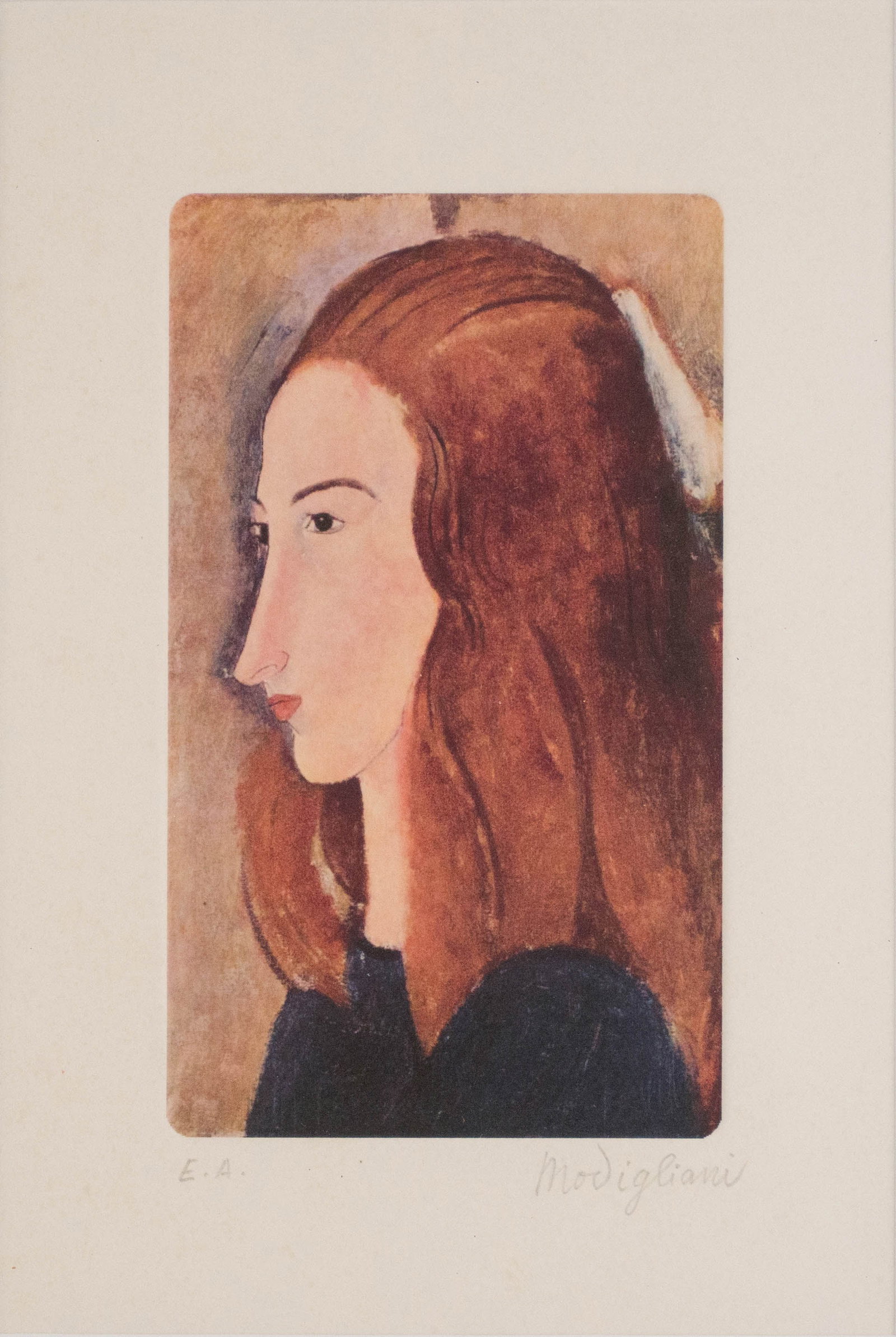 Amedeo Modigliani, Italian 1884-1920, Portrait of a Girl, Etching: Amedeo Modigliani Italian, 1884-1920 Portrait of a Girl Etching Signed in pencil l.r., inscribed "E.A." l.l. Sight: 9 x 6 in. (22.9 x 15.2 cm.), Frame: 14 x 10 1/2 in. (35.6 x 26.7 cm.)