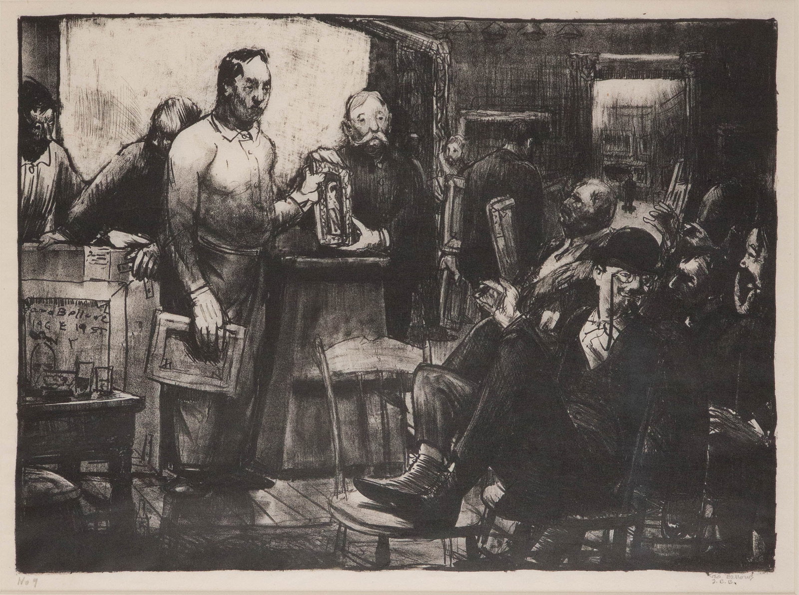 George Wesley Bellows, 1882-1925, The Jury (The Duties of Jurors), Lithograph: George Wesley Bellows 1882-1925 The Jury (The Duties of Jurors) Lithograph Signed in pencil l.r., numbered "no. 9" l.r. Sight: 12 3/4 x 17 in. (32.4 x 43.2 cm.), Frame: 21 3/4 x 25 3/4 in. (55.2 x