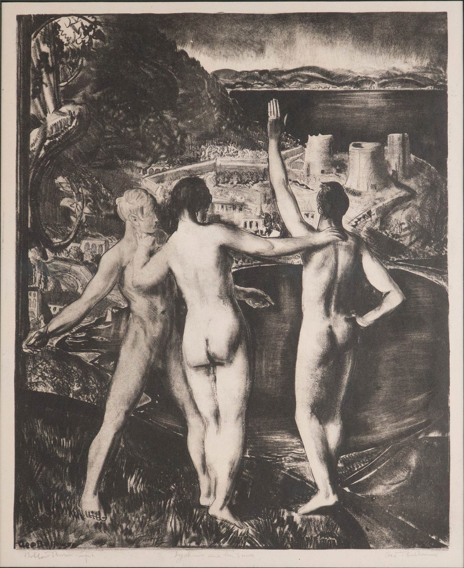 George Wesley Bellows, 1882-1925, Lychnis and Her Sons, Lithograph: George Wesley Bellows 1882-1925 Lychnis and Her Sons Lithograph Title in pencil at center bottom, pencil signed lower right by Bellows, lower left by the pointer Bolton Brown, edition of 40, an