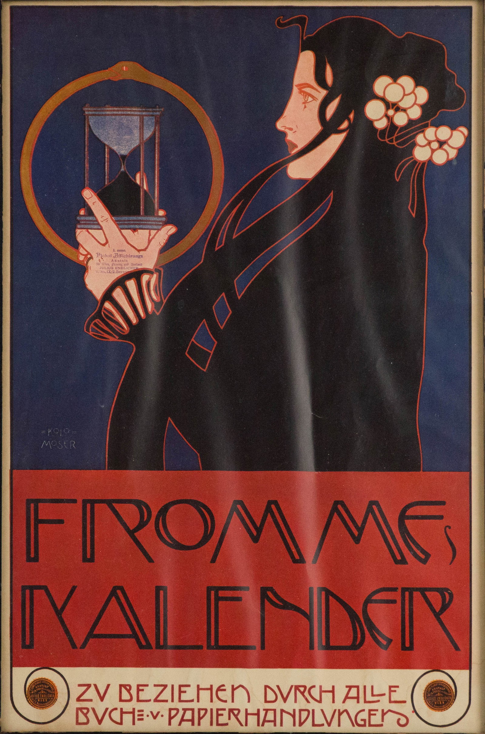 Koloman Moser, Fromme's Kalender, Poster: Koloman Moser Fromme's Kalender Poster Probably reproduction. Sight: 17 1/4 x 11 1/4 in. (43.8 x 28.6 cm.), Frame: 18 1/2 x 12 1/2 in. (47 x 31.8 cm.)