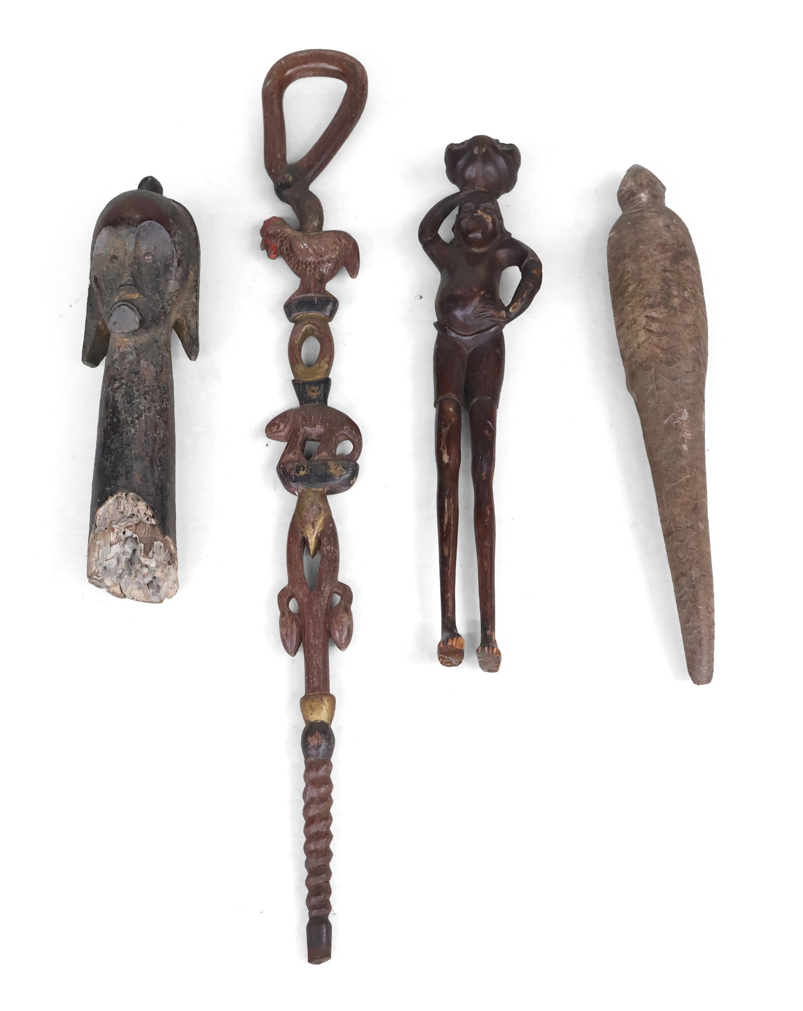 African Figural Carved Walking Stick: African Figural Carved Walking Stick Together with a carved wood armadillo, an African carved wood bust, and a carved wood figure of a man. 4 pieces All possibly reproductions. Largest: 37 3/4 x 4