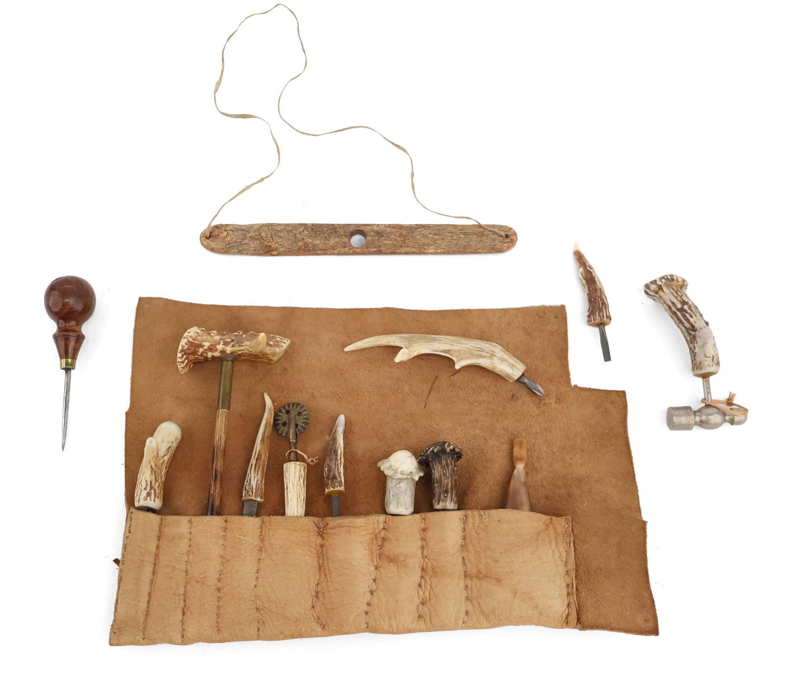 Antler Handled Craftman's Tools: Antler Handled Craftman's Tools Together with a leather tool roll. Leather Roll: 10 x 15 in. (25.4 x 38.1 cm.)