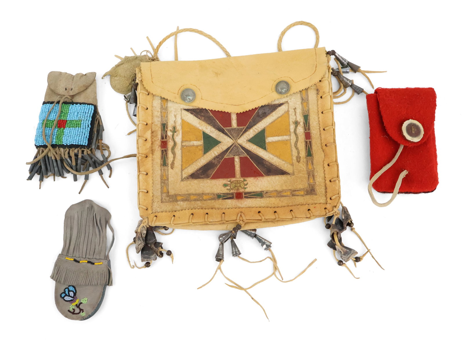 Rawhide Parfleche Bag: Rawhide Parfleche Bag With turtle and snake motifs. Together with a fringed and beaded hide pouch with tin tinklers, a red wool medicine pouch, and a souvenir beaded leather pouch. 4 pieces Largest: