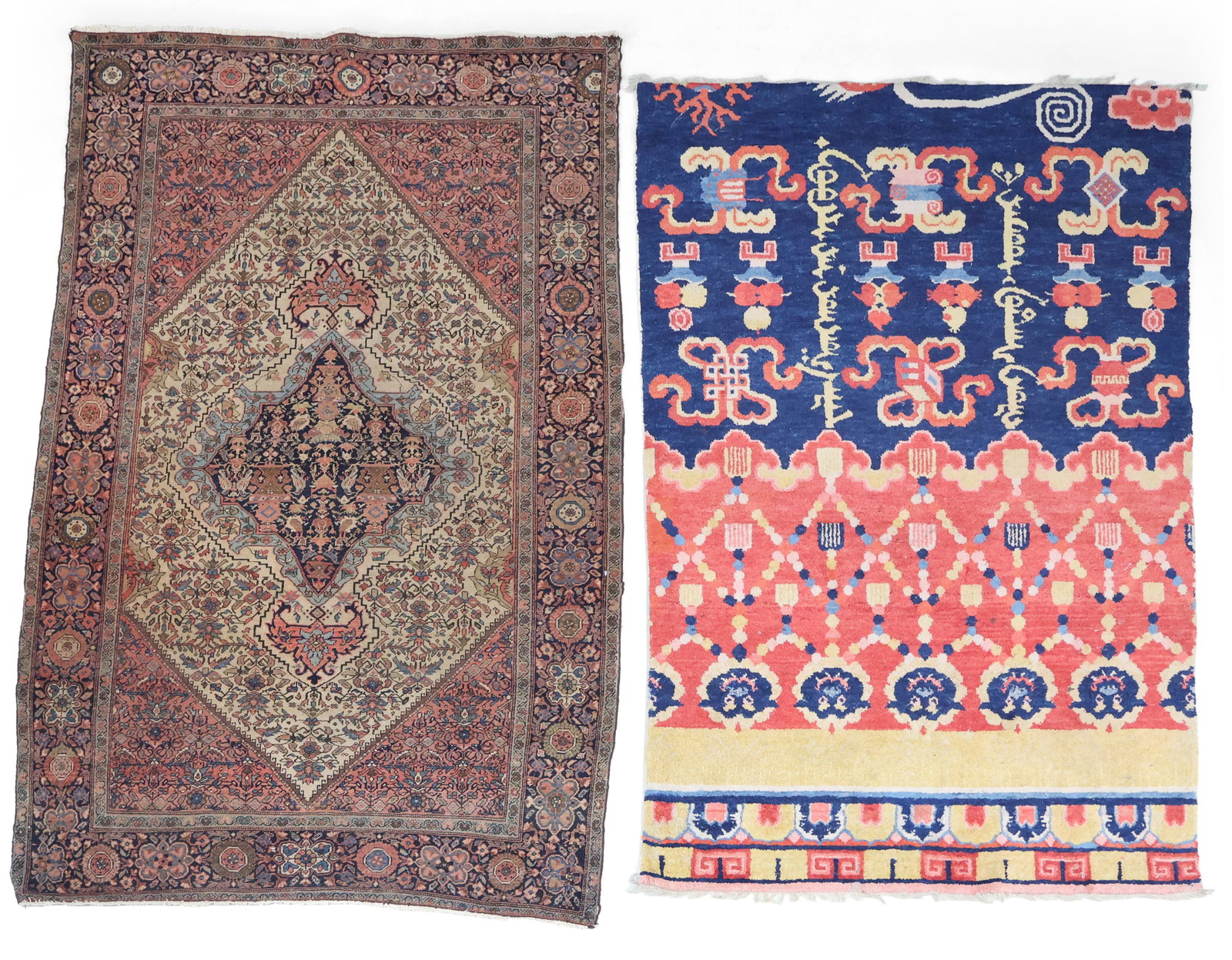 Ningxsia Pillar Rug: Ningxsia Pillar Rug West China, late 19th C. Together with a Sarouk Fereghan Rug, North Persia, late 19th C. Ningxsia ? reselvedged (possibly missing areas from sides) Sarouk Fereghan ? even wear,
