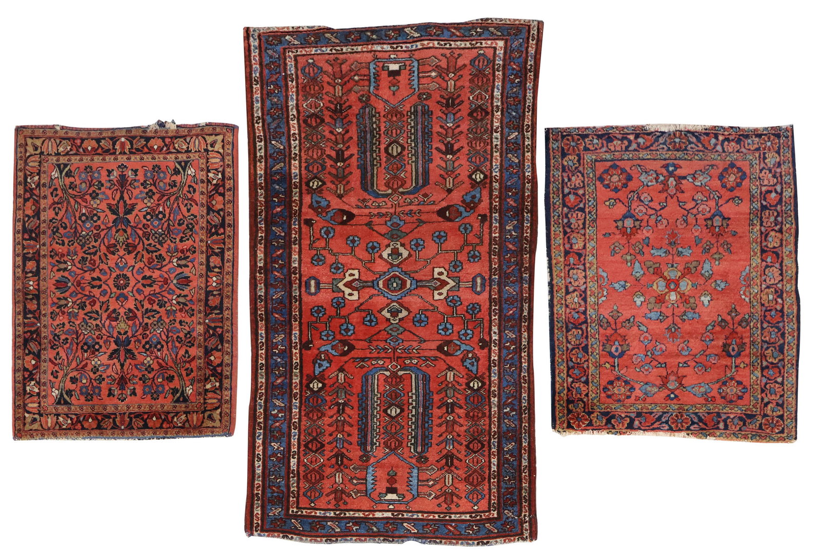 Two Sarouk Mats: Two Sarouk Mats Together with a Hamadan Rug, North Persia/Northwest Persia. All have losses to their ends 28"l x 27 1/2"w, 35"l x 25"w, and 57"l x 33 1/2"w