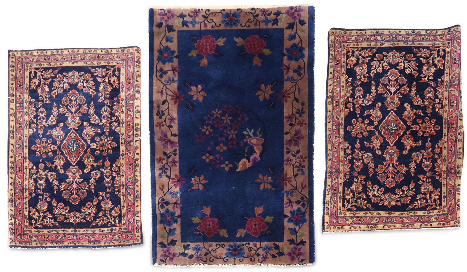 Two Sarouk Mats: Two Sarouk Mats Together with an Art Deco Chinese Rug, both sarouks are signed. Nick to side of one Sarouk Losses to both ends of Chinese rug 44 1/2"l x 27 1/2"w, 34 1/2"l x 22 1/2"w
