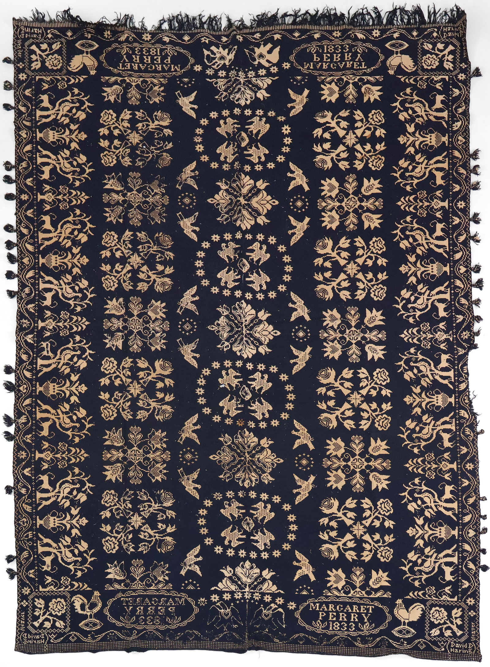 Blue and Cream "Four-Leaf Haring Rose" Jacquard Coverlet: Blue and Cream "Four-Leaf Haring Rose" Jacquard Coverlet Attributed to David D. Haring, Signed Margaret Perry, Bergen County, New Jersey, 1833. Losses, stains, wear, holes. 92 x 67 in. (233.7 x 170.2
