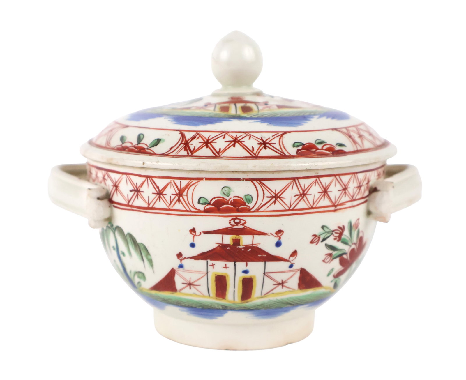 English Creamware Covered Sugar Bowl with Chinoiserie Motifs: English Creamware Covered Sugar Bowl with Chinoiserie Motifs Lead-glazed white earthenware, hemispherical footed form decorated with overglaze polychrome-enamel landscape scenes typically called the "