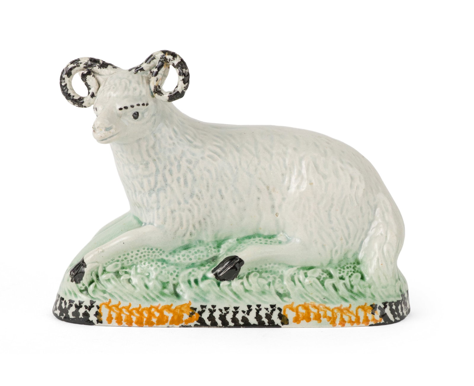 English Yorkshire Prattware / Pearlware Recumbent Sheep / Ram Figure (1 of 9)