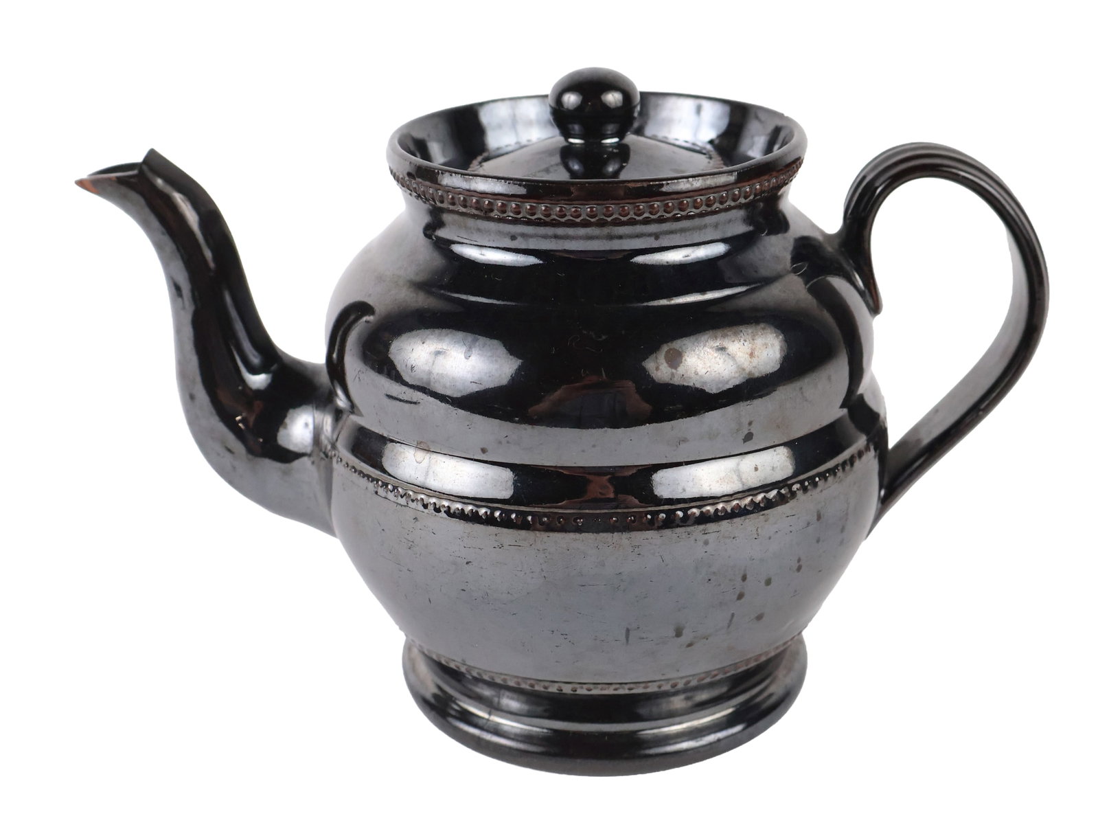 Philadelphia, Pennsylvania attributed Black-Glazed Large-Size Redware Teapot, possibly Haig: Philadelphia, Pennsylvania attributed Black-Glazed Large-Size Redware Teapot, possibly Haig Thick metallic black/brown glaze, globular body with bulging "cinched" waistline, rouletted beaded bands at 