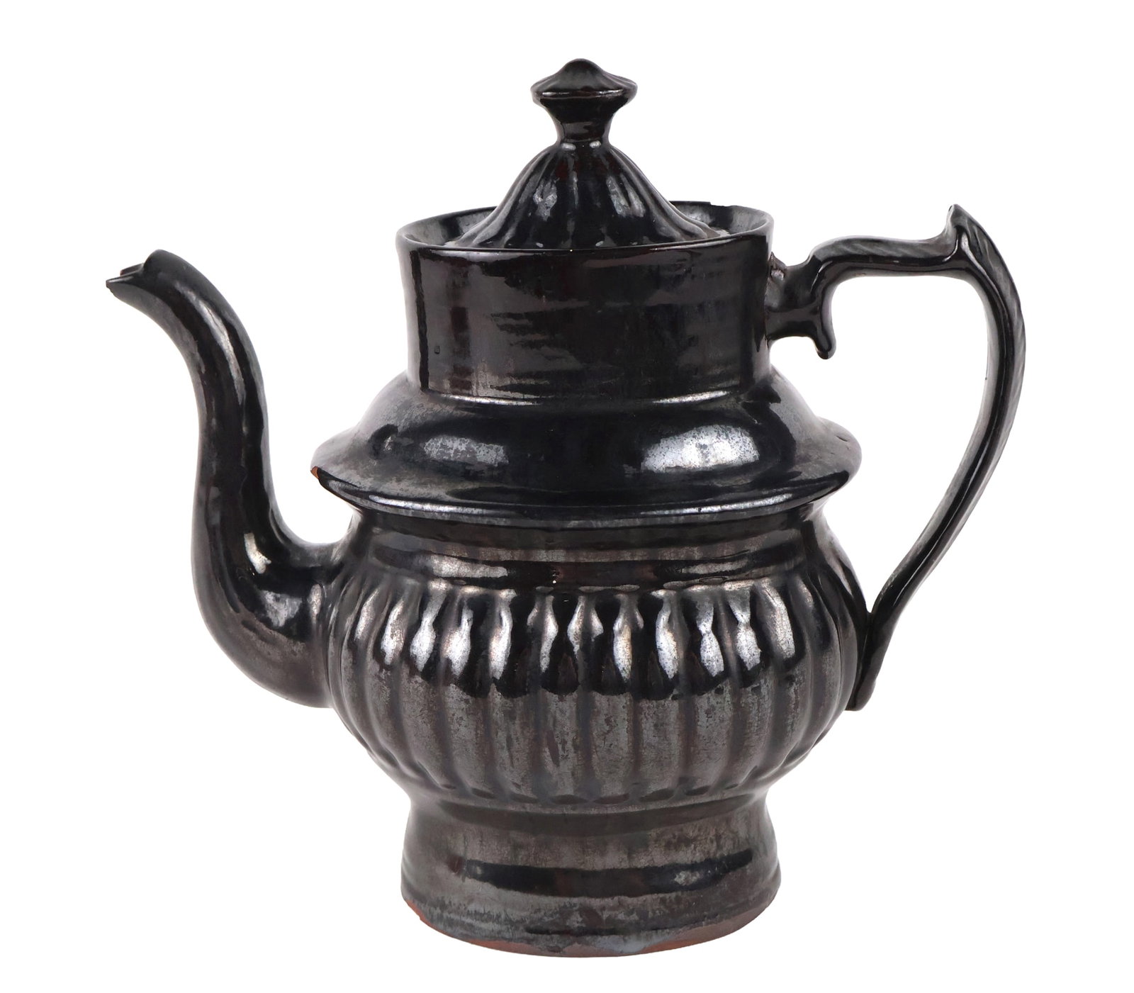 American Black-Glazed Relief-Molded Redware Oval Coffee Pot (Probably Philadelphia, PA) (1 of 9)