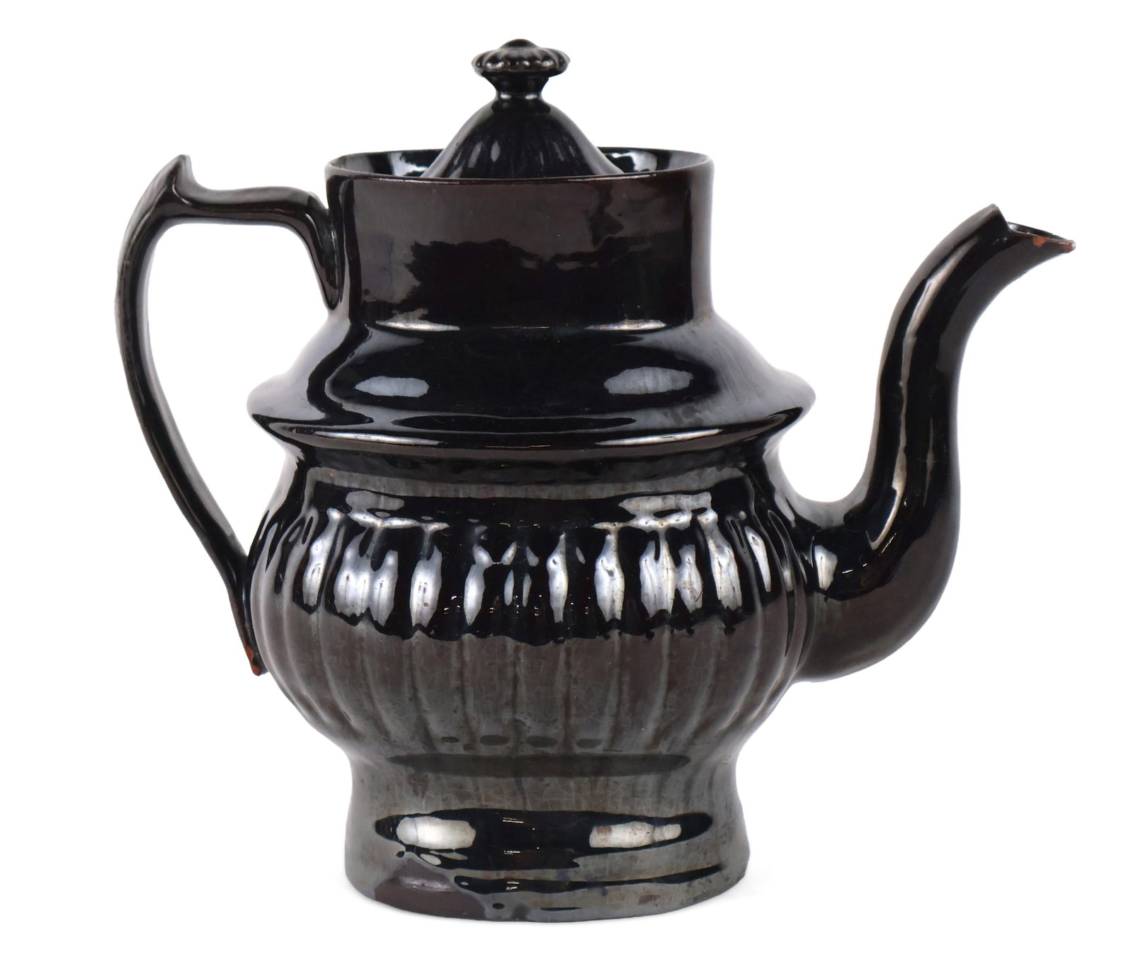 American Black-Glazed Relief-Molded Redware Oval Coffee Pot (Probably Philadelphia, PA) (1 of 9)