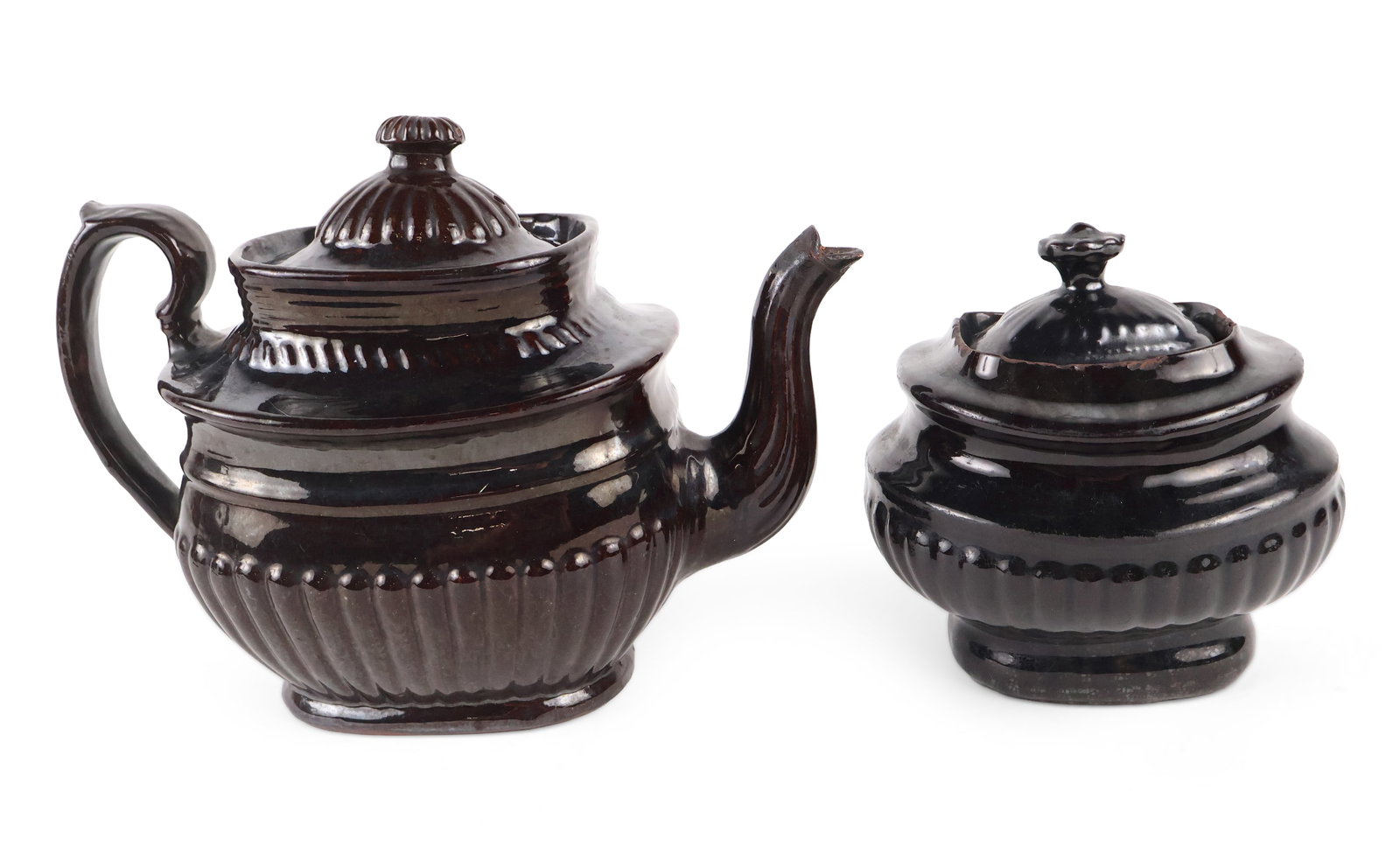 American Black-Glazed Relief-Molded Redware Teapot and Sugar Bowl (Probably Philadelphia, PA) (1 of 14)